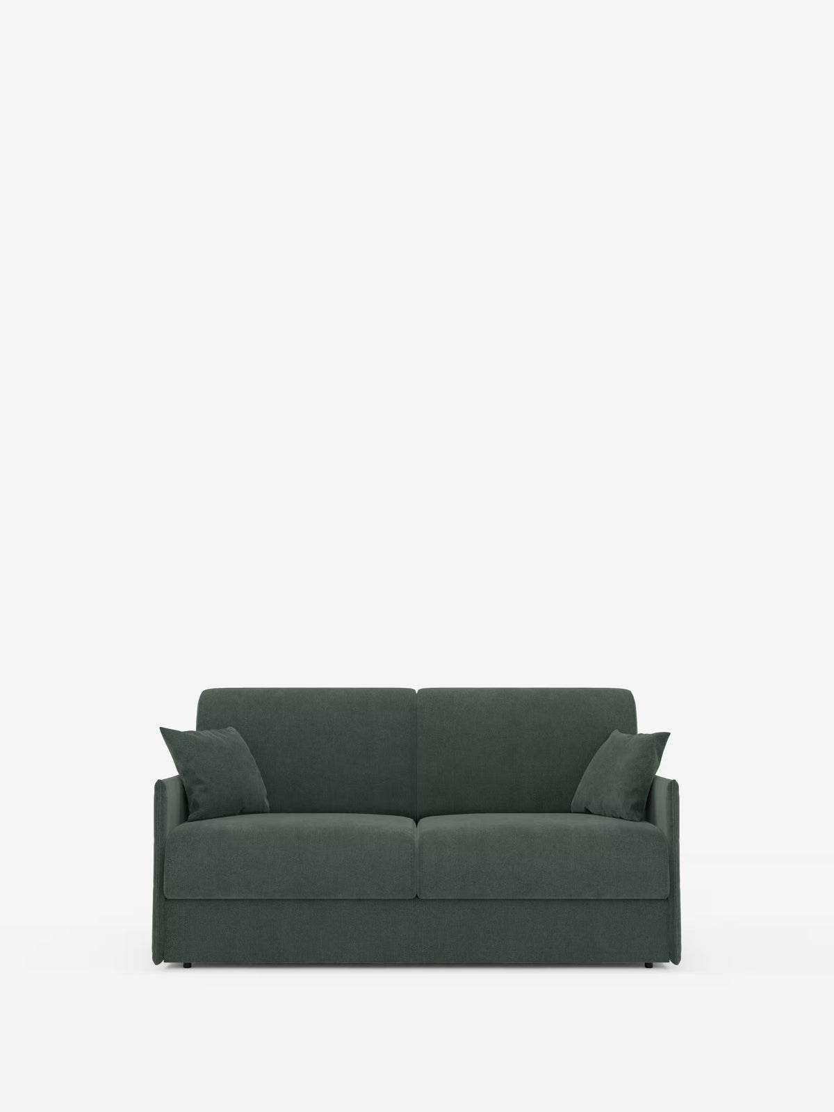 Il divano letto matrimoniale sfoderabile Evans di Divani.Store è un moderno divano a due posti di colore verde scuro, dalle linee dritte e con due cuscini quadrati abbinati, progettato con una forma compatta e dotato di un pratico vano portaoggetti sotto i cuscini. Rivestito in tessuto T23 facile da pulire, è perfetto per massimizzare il comfort e lo stile negli spazi abitativi più piccoli, come mostrato qui su uno sfondo bianco a tinta unita.
