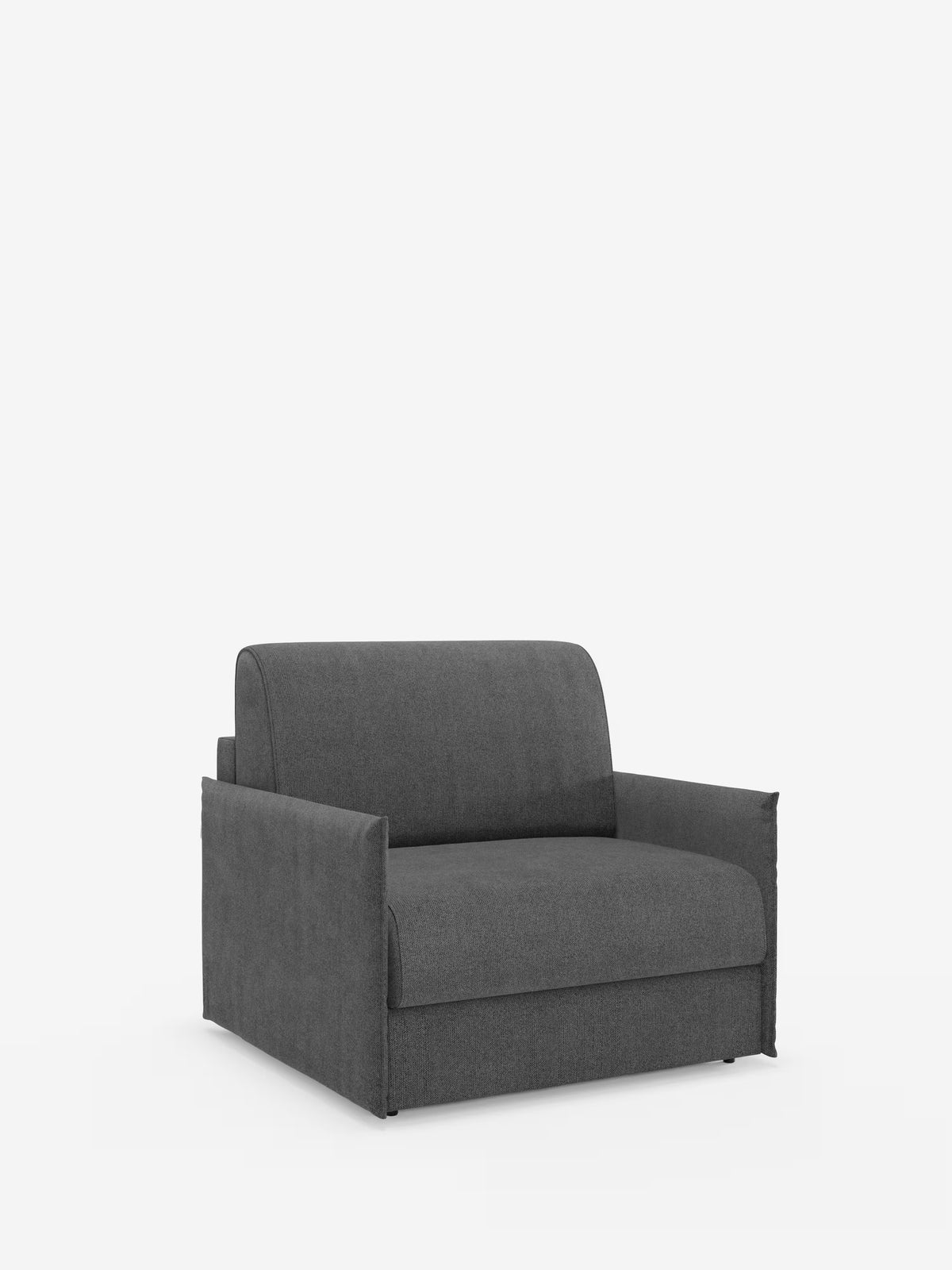 Vi presentiamo la poltrona letto compatta Evans con materasso di Divani.Store: una moderna poltrona a due posti color grigio scuro dalle linee pulite, rivestita in tessuto T23 sfoderabile e resistente alle macchie. Questo elegante complemento d’arredo salvaspazio presenta una silhouette squadrata, braccioli dritti e uno schienale basso sostenuto da gambe discrete, il tutto su uno sfondo bianco brillante.
