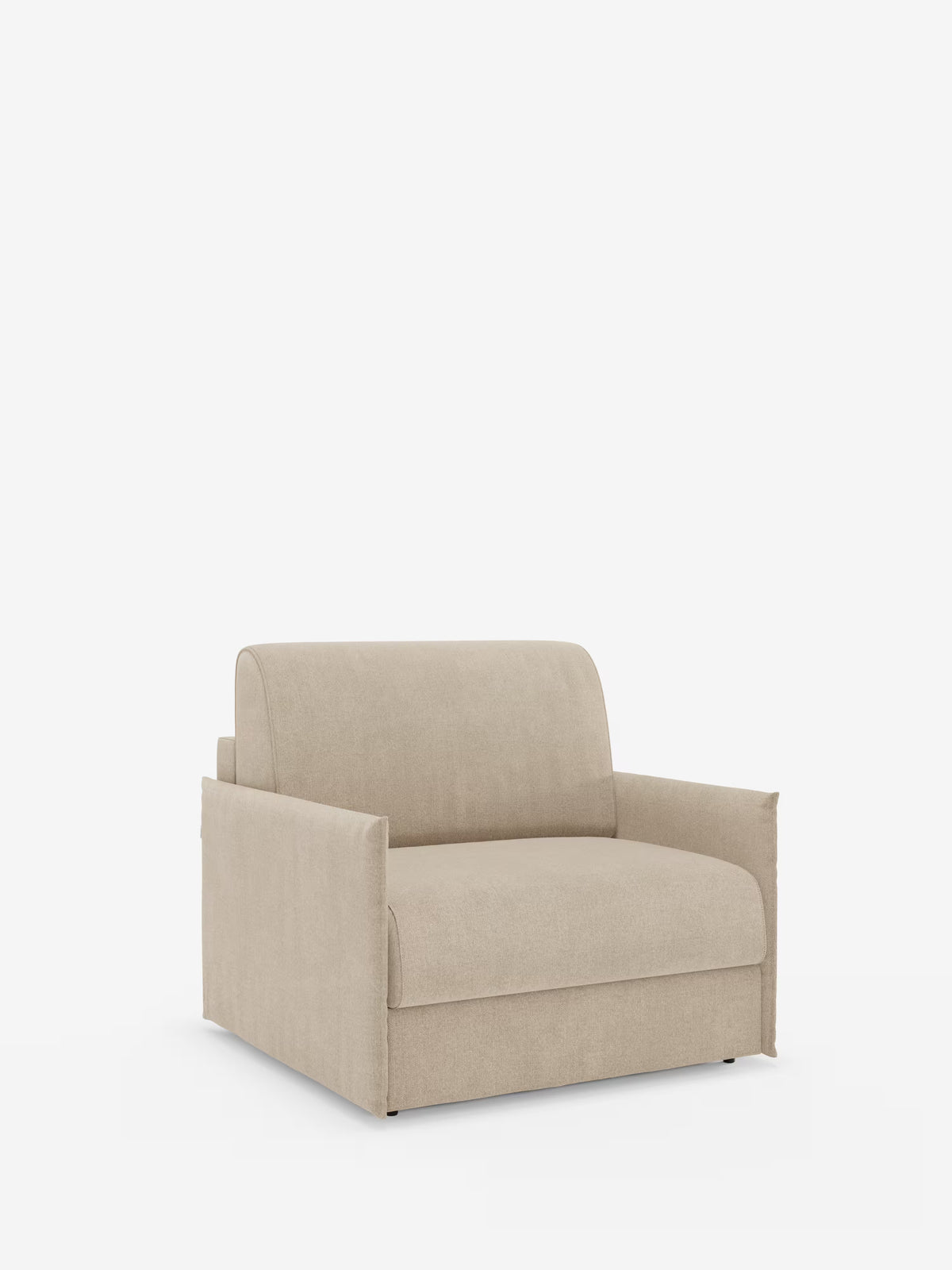 Una poltrona letto compatta Evans di Divani.Store, rivestita in tessuto beige T23 antimacchia e sfoderabile, caratterizzata da braccioli ampi e piatti e da una silhouette squadrata e minimalista. Su uno sfondo bianco, questa moderna poltrona salvaspazio presenta un'imbottitura spessa della seduta con materasso ortopedico e uno schienale basso e arrotondato che le conferisce un aspetto accogliente e invitante.