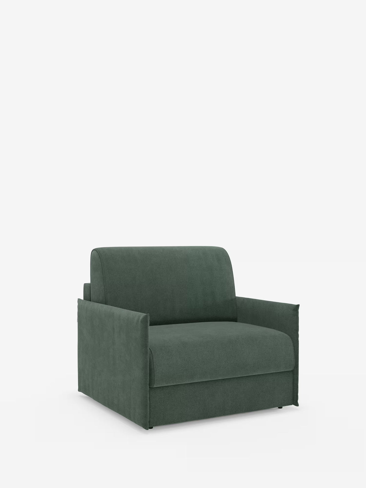 Una moderna poltrona letto compatta Evans di colore verde scuro con materasso, disponibile su Divani.Store, spicca su uno sfondo bianco. Caratterizzata da linee pulite e da una silhouette squadrata, questa poltrona salvaspazio offre un’ampia seduta, braccioli bassi e uno schienale dritto. Si trasforma facilmente in una comoda poltrona letto singola con un materasso da 70x197 cm ed è rivestita in morbido tessuto T23 sfoderabile e resistente alle macchie, che le conferisce un aspetto lussuoso e accogliente.