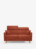 Un divano letto Francy in stile contemporaneo con poggiatesta regolabili di Divani.Store, dotato di due cuscini per lo schienale, due cuscini coordinati e gambe angolate in legno in un elegante colore arancione bruciato, interamente rivestito in tessuto T30 100% sfoderabile e antimacchia, su uno sfondo bianco a tinta unita.