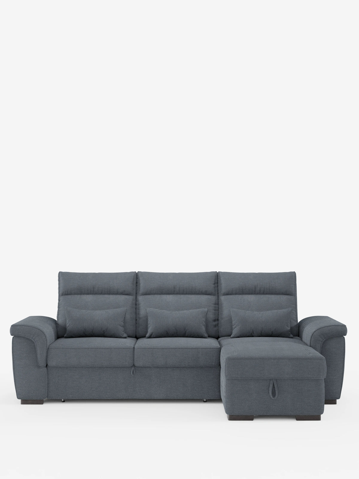 Un divano letto angolare Ischia grigio scuro con schienali scorrevoli, elemento estraibile e penisola contenitore in tessuto antimacchia misto lino, dotato di chaise longue, tre schienali, cuscini lombari e braccioli arrotondati su piedini bassi di colore scuro.