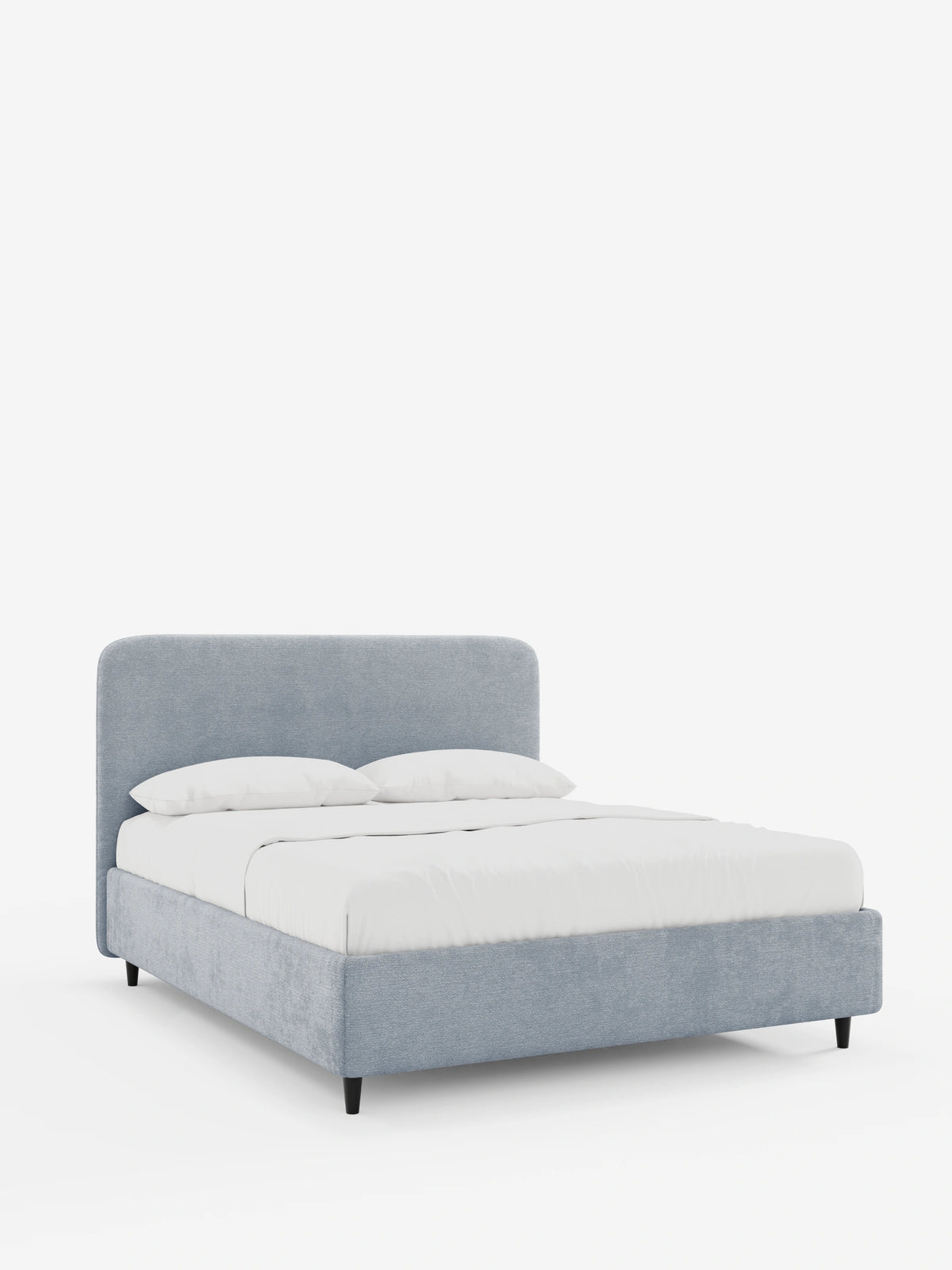 KAELOS, letto imbottito in stile minimalista - con contenitore, gambe alte e testiera arrotondata in tessuto ciniglia azzurro chiaro con effetto testurizzato su fondo bianco, caratterizzato da una testiera arrotondata, biancheria da letto bianca e quattro gambe sottili nere.