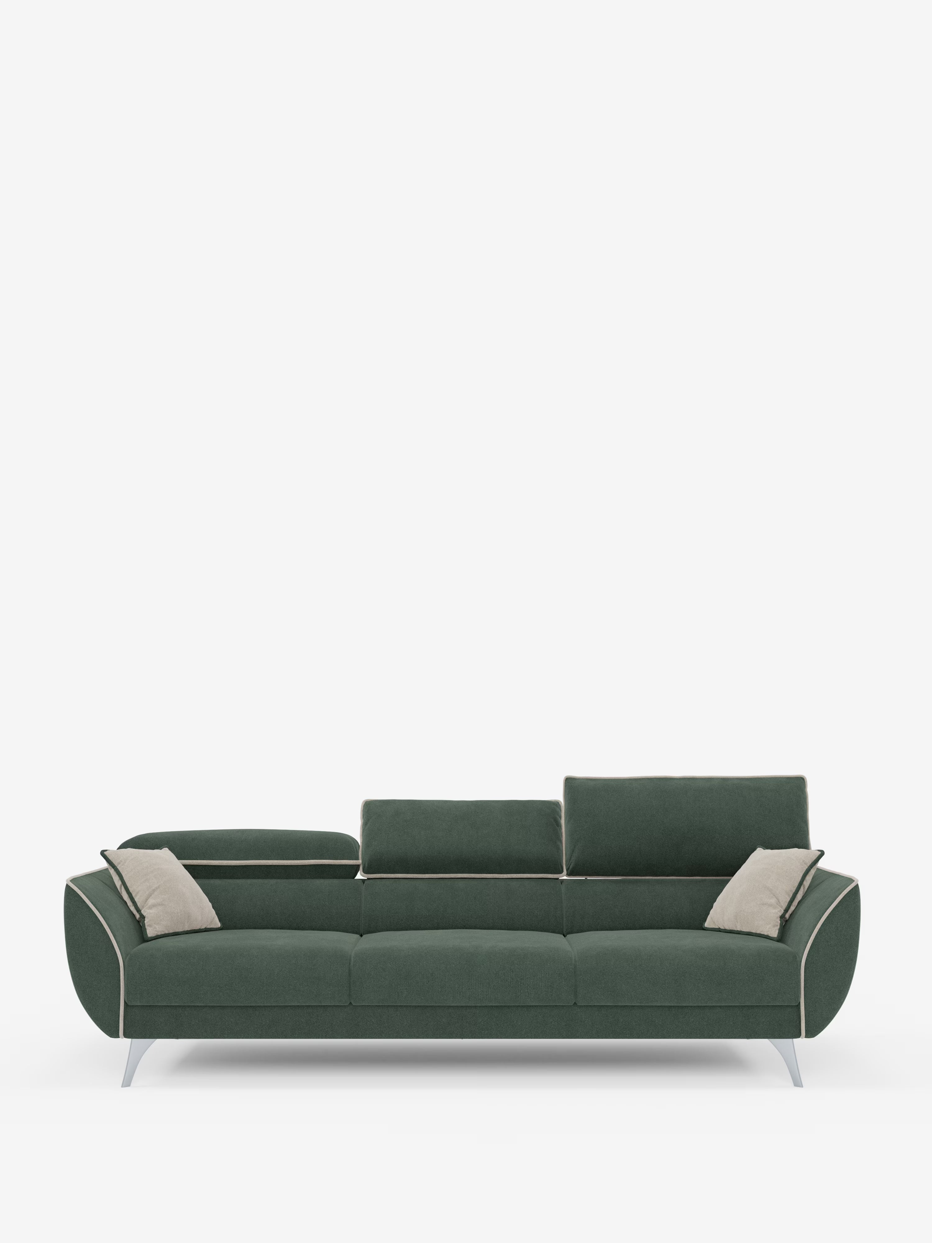 Il divano Michelangelo 4 Posti bicolore di Divani.Store è un divano contemporaneo di lusso dotato di tre sedute estensibili, poggiatesta reclinabili regolabili, tessuto T23 antimacchia in una moderna tonalità di verde scuro con gambe argentate e due cuscini decorativi beige chiaro. Su uno sfondo bianco, questo divano incarna il comfort elegante e la raffinatezza.