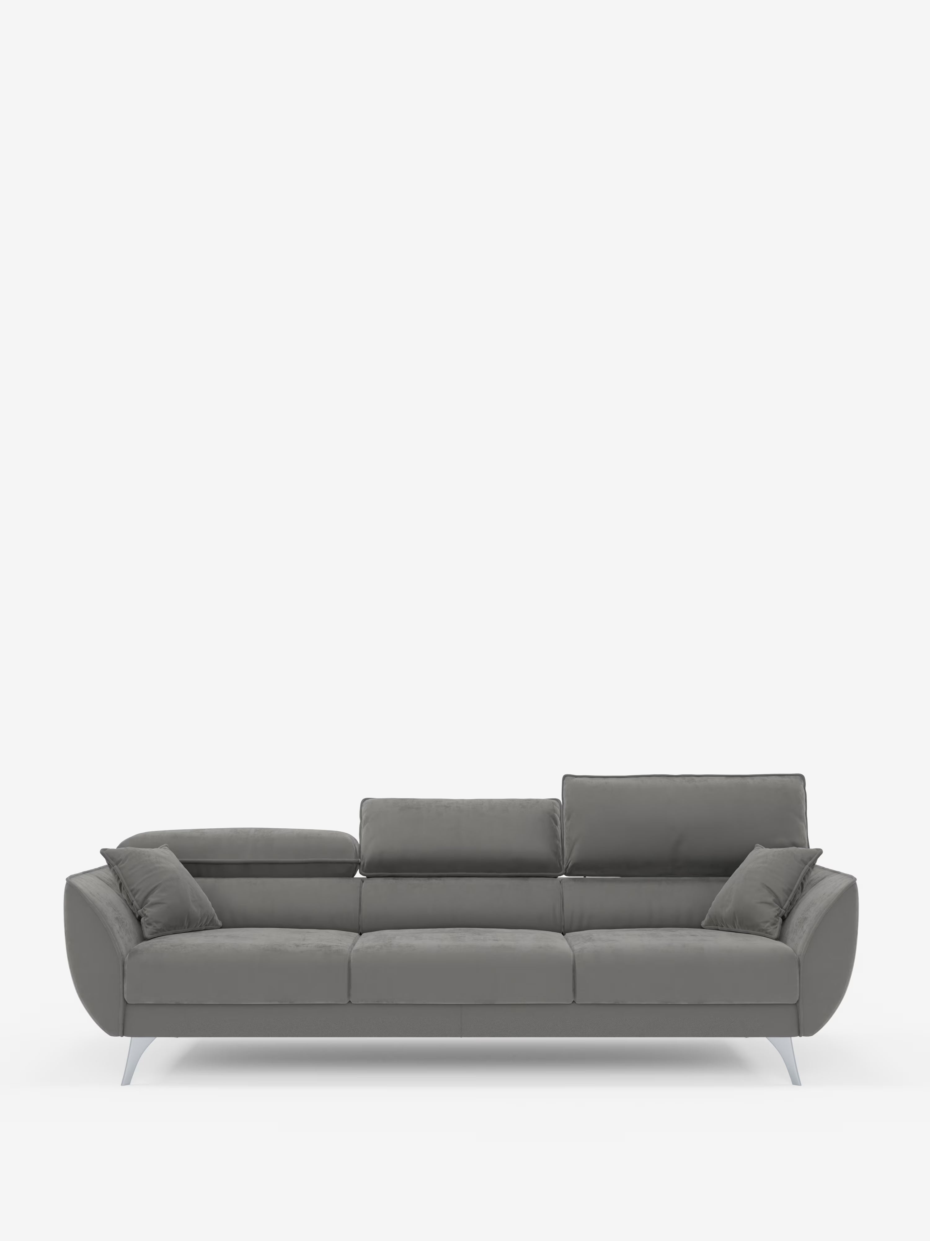 Michelangelo 4 Posti di Divani.Store è un moderno divano a quattro posti di colore grigio, realizzato in elegante tessuto di velluto T30 resistente alle macchie. È dotato di tre sedute estensibili, poggiatesta regolabili, morbidi cuscini dello schienale e viene fornito con due cuscini decorativi abbinati. Con le sue linee semplici e pulite, i braccioli leggermente ricurvi e le sottili gambe angolate in metallo argentato, il design contemporaneo del divano è valorizzato dallo sfondo bianco a tinta unita.