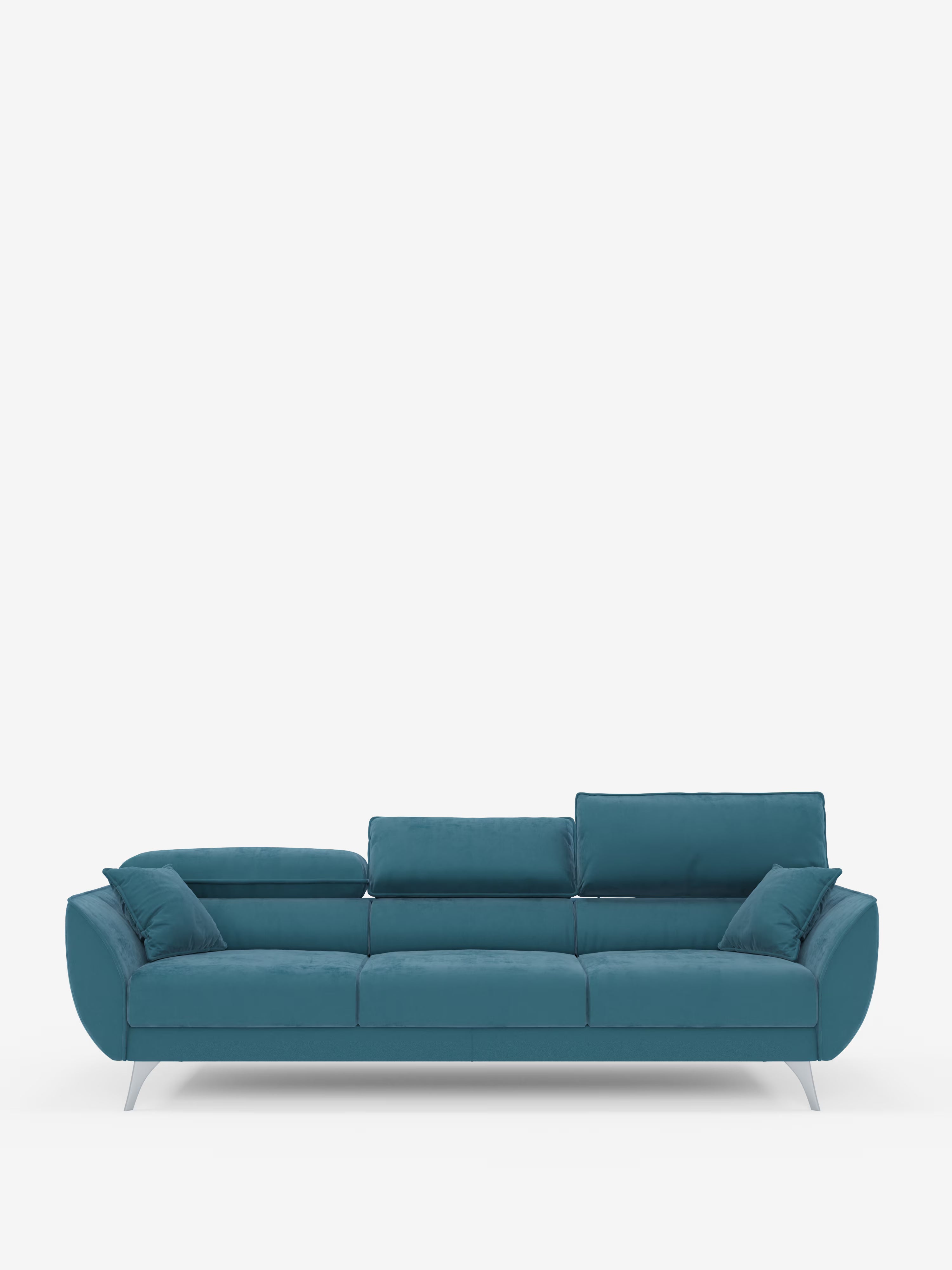 Il divano Michelangelo 4 Posti di Divani.Store è un divano moderno color verde acqua dotato di tre sedute estensibili, tre cuscini dello schienale, poggiatesta reclinabili e braccioli angolati. Rivestito con un elegante tessuto in velluto T30 resistente alle macchie, poggia su sottili gambe argentate che risaltano su uno sfondo bianco a tinta unita. Due piccoli cuscini coordinati sono posizionati alle due estremità del divano.