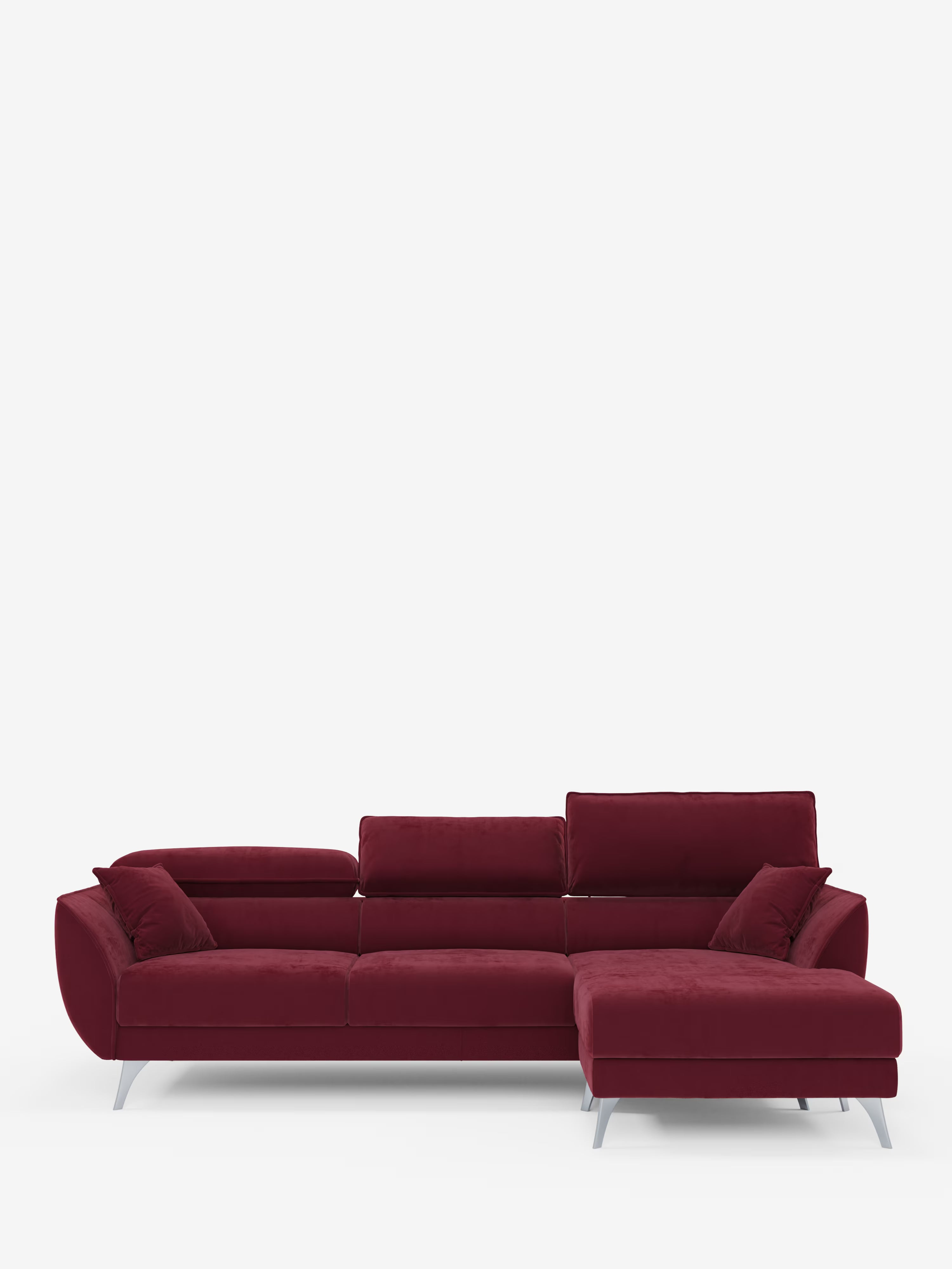 Il divano angolare con penisola e sedute estensibili “Michelangelo” di Divani.Store è un divano angolare moderno rivestito in un sofisticato tessuto T30 effetto velluto rosso scuro, resistente alle macchie. È dotato di una chaise longue sul lato destro, sedute estensibili per un maggiore comfort, poggiatesta reclinabili, morbidi cuscini ed eleganti gambe in metallo argentato. Il divano è presentato su uno sfondo bianco a tinta unita.