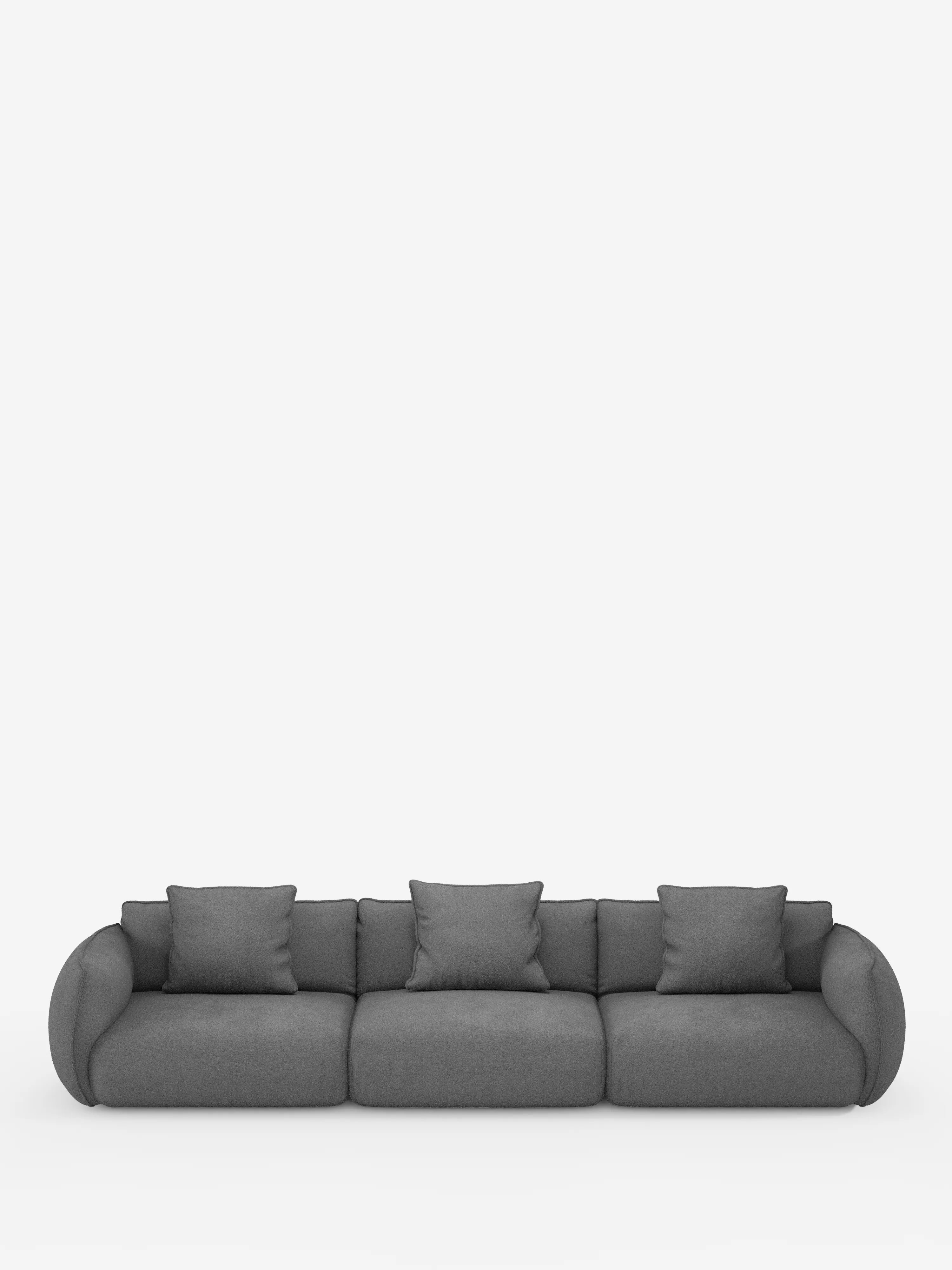 Un divano modulare Nimbus dal design minimalista e moderno a 3 posti di Divani.Store, rivestito in tessuto T33 grigio scuro smacchiabile effetto cotone, con tre cuscini di seduta, braccioli arrotondati e cinque cuscini quadrati coordinati, è posizionato al centro su uno sfondo bianco a tinta unita. Il divano ha un aspetto morbido e soffice ed è completamente sfoderabile.
