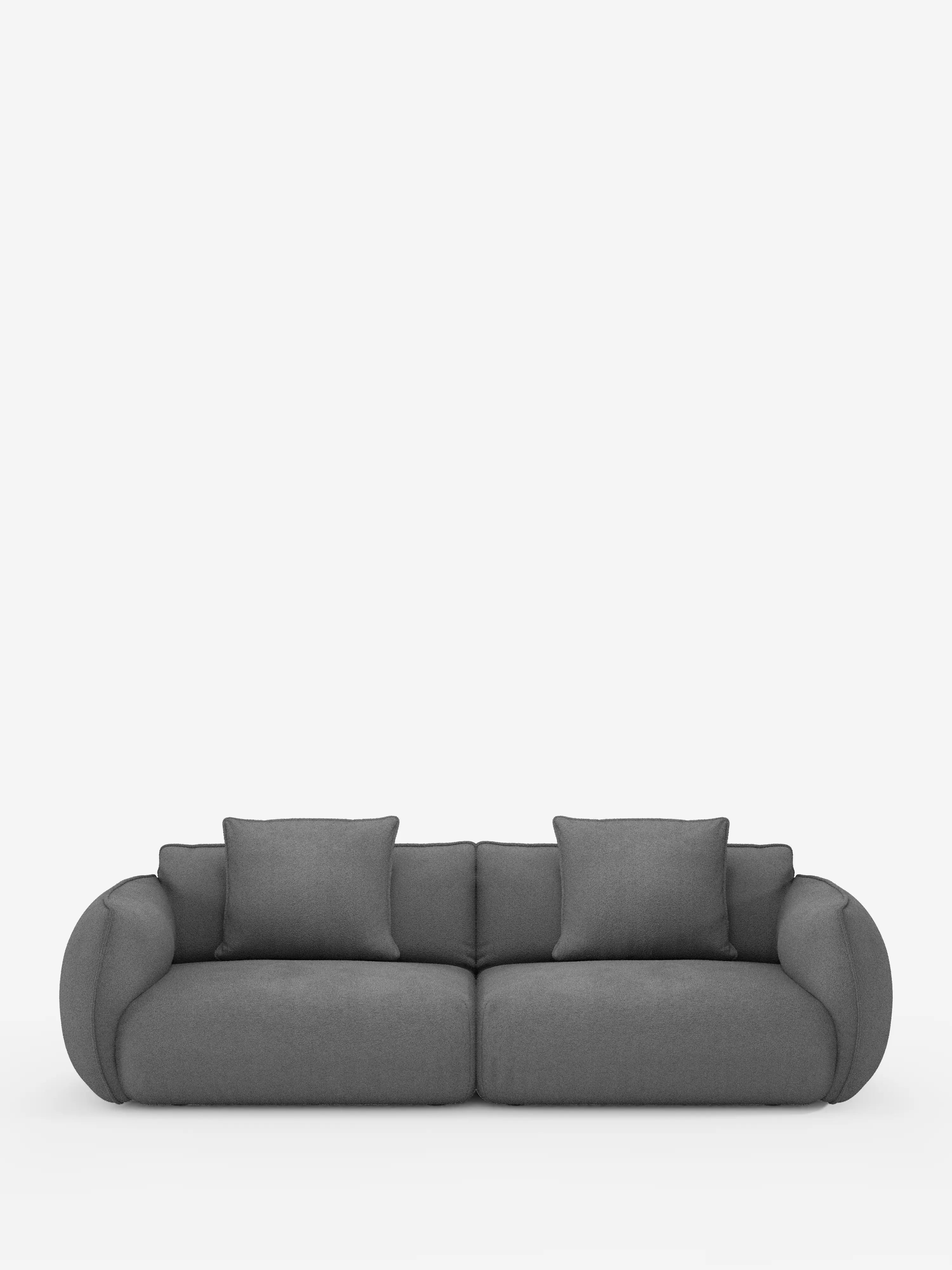 Un divano Nimbus contemporaneo a 3 posti, modulare e componibile, firmato Divani.Store, rivestito in tessuto effetto cotone grigio scuro resistente alle macchie (t33), dotato di due cuscini di seduta, due cuscini dello schienale e braccioli arrotondati. Il divano è fotografato su uno sfondo bianco a tinta unita per mettere in risalto il suo design minimalista e la trama morbida e soffice.