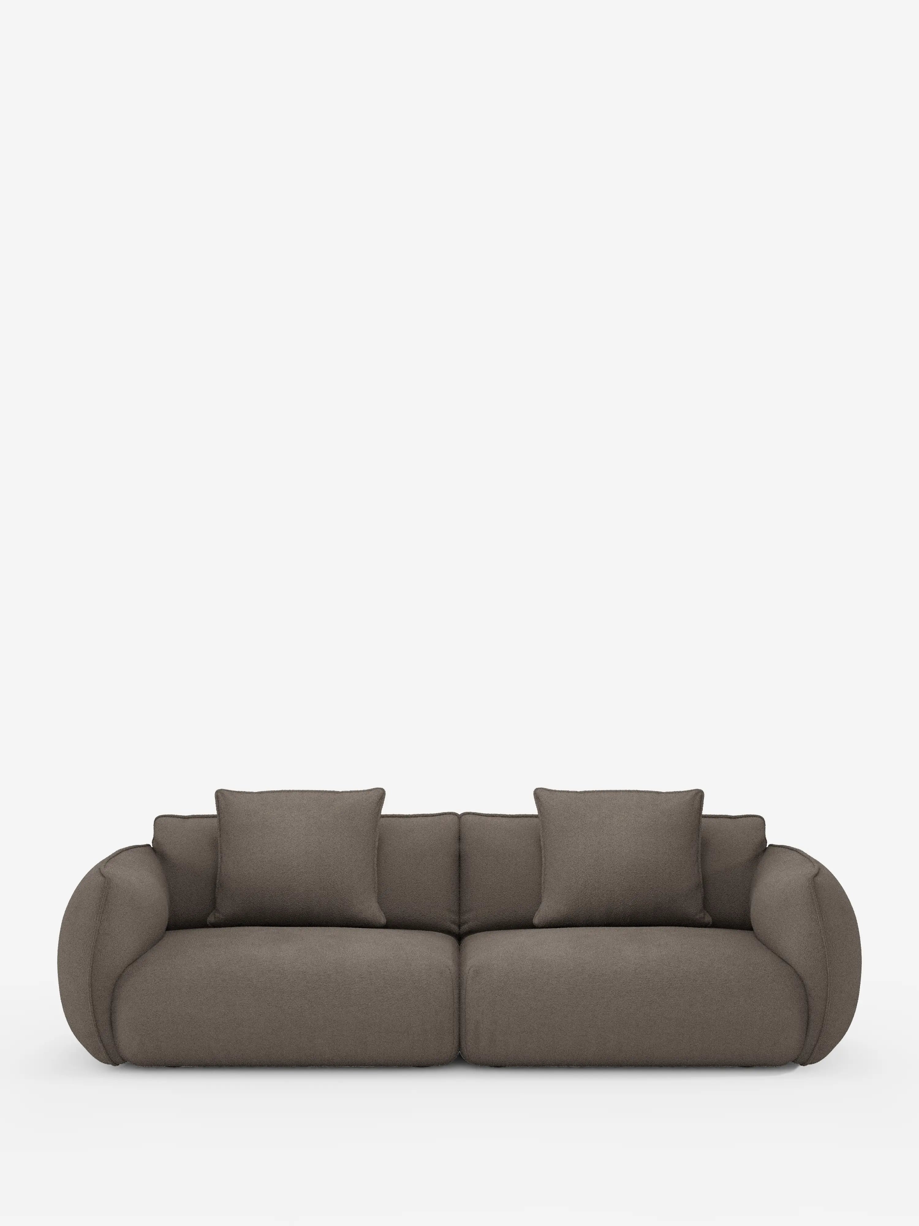 Un divano a 3 posti moderno e minimalista della linea Nimbus, modulare e componibile da 250 cm di Divani.Store, realizzato in tessuto grigio scuro effetto cotone antimacchia (tessuto smacchiabile effetto cotone t33), caratterizzato da braccioli e schienali morbidi e arrotondati. Questo divano modulare comprende due cuscini di seduta e quattro cuscini quadrati coordinati, che risaltano su uno sfondo bianco a tinta unita.