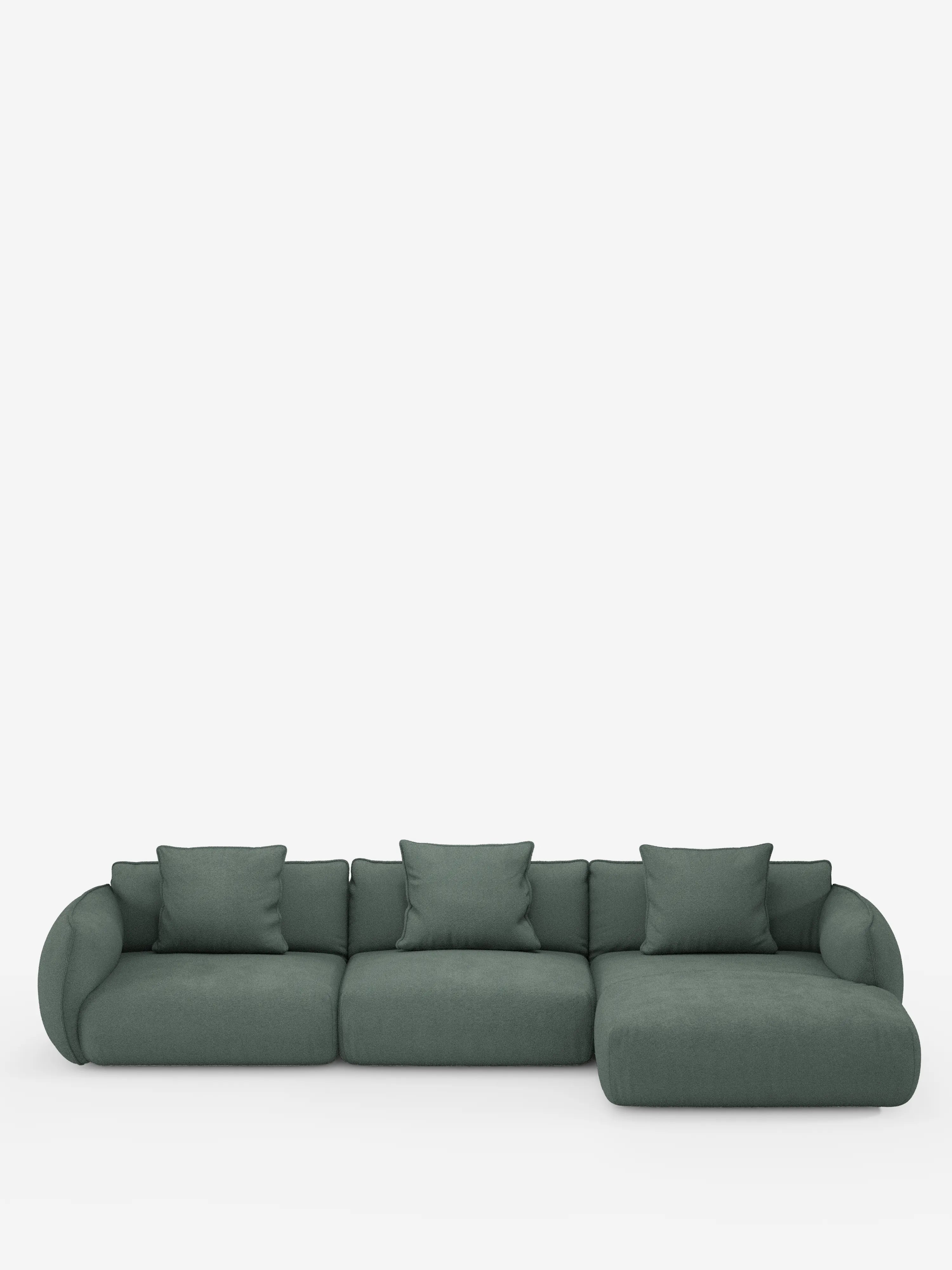 Un moderno divano angolare Nimbus con penisola componibile, realizzato in morbido tessuto effetto cotone lavabile T33 di Divani.Store, in una tonalità di verde scuro, con tre cuscini di seduta e cuscini dello schienale abbinati, è posizionato su uno sfondo bianco a tinta unita. Il lato destro presenta una chaise longue allungata, mentre questo divano moderno è caratterizzato da braccioli e bordi dolcemente arrotondati.