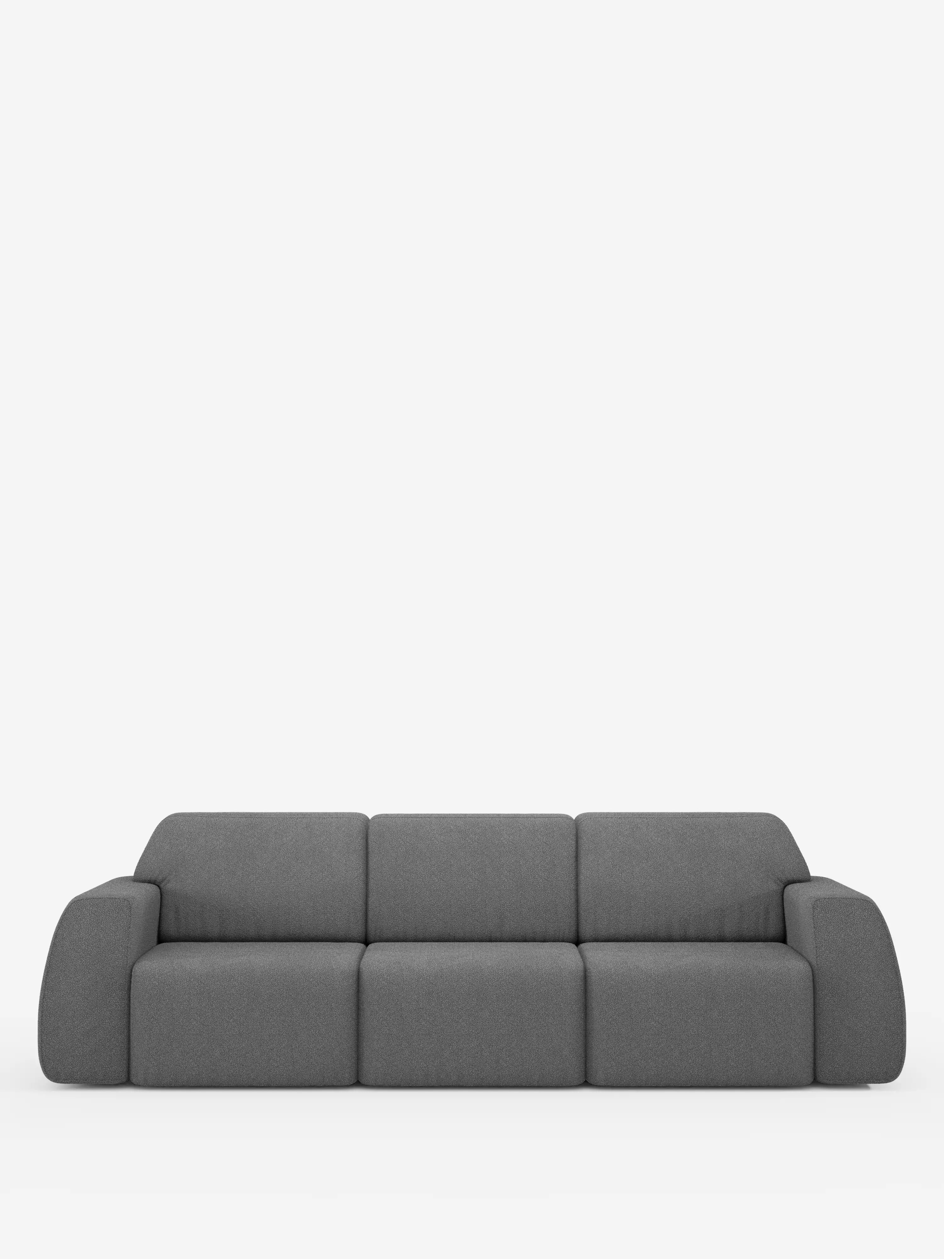 Il divano Orbit, un modello contemporaneo e minimalista con 3 sedute scorrevoli e allungabili in tessuto effetto cotone smacchiabile T33 di Divani.Store, spicca su uno sfondo bianco a tinta unita. Il divano grigio presenta tre ampi cuscini di seduta, braccioli dalle linee morbidamente arrotondate, sedute scorrevoli e allungabili in modo indipendente, uno schienale basso e un design pulito e semplice che conferisce un look moderno e essenziale.