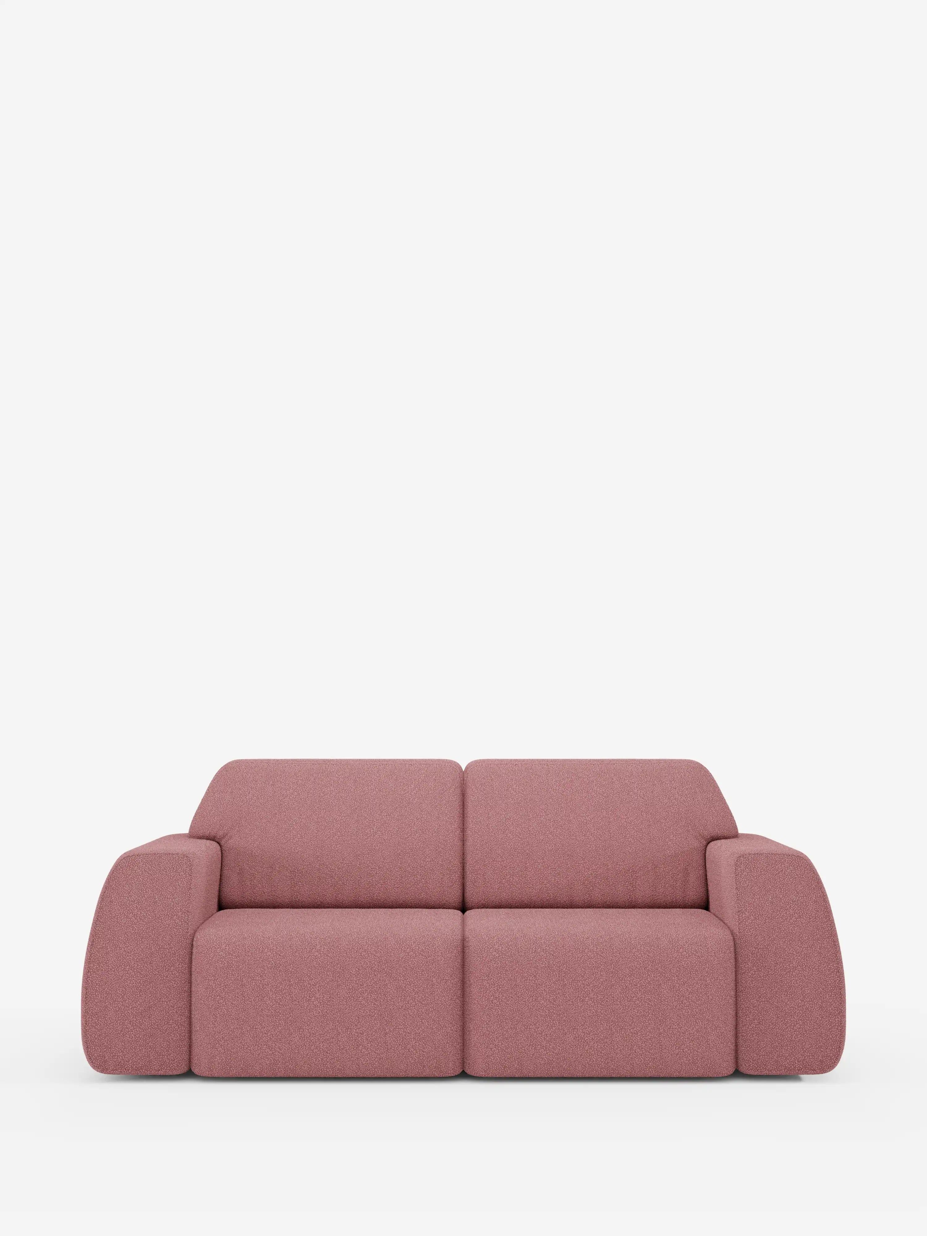 Un divano Orbit contemporaneo rosa a 2 e 3 posti con sedute scorrevoli di Divani.Store, completamente sfoderabile e rivestito in tessuto T33 effetto cotone antimacchia, presenta ampi braccioli arrotondati e uno schienale basso. È posizionato al centro su uno sfondo bianco a tinta unita, creando un’estetica minimalista e raffinata che ricorda un elegante divano moderno.