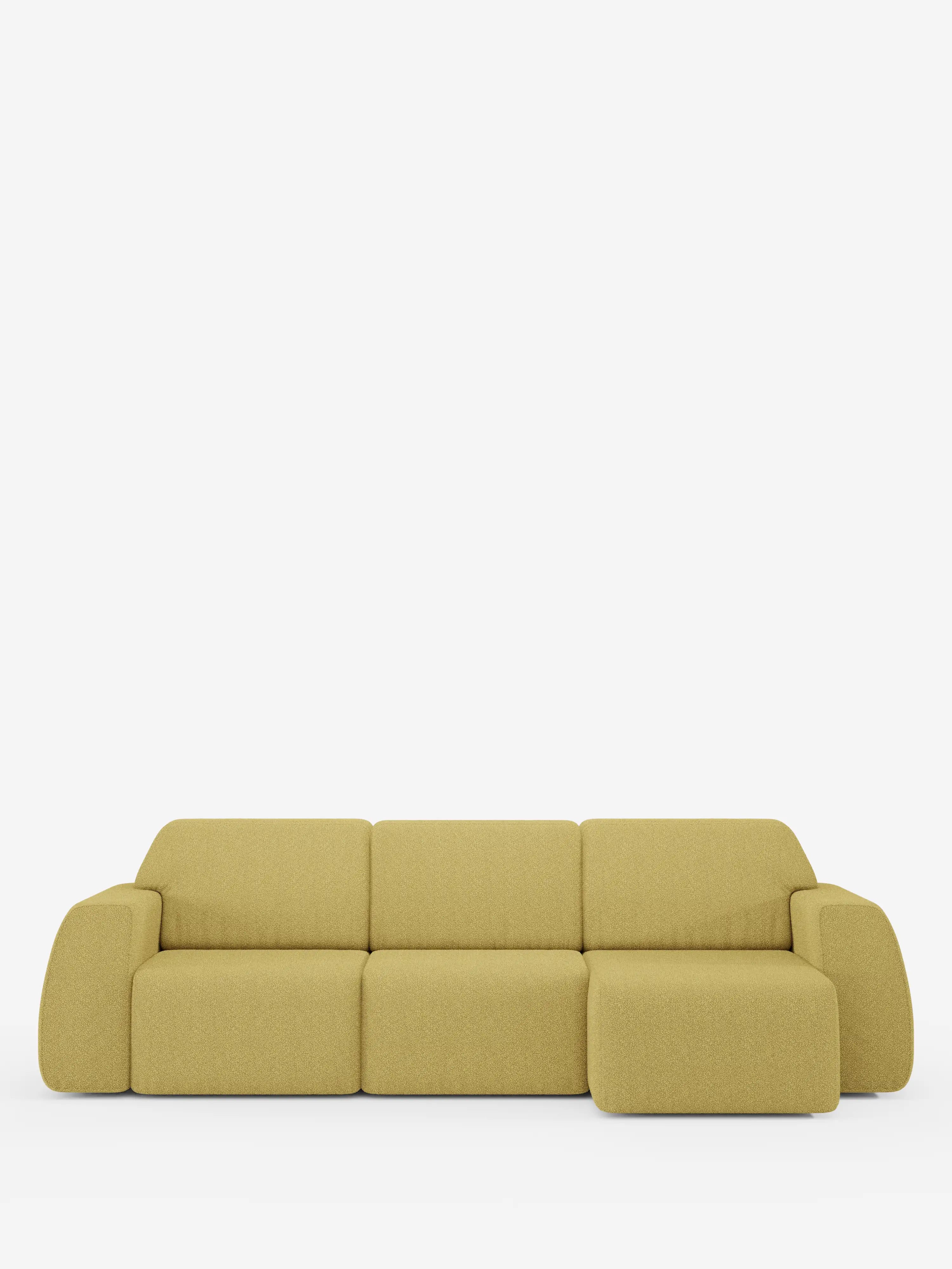 Il divano angolare contemporaneo Orbit con penisola reversibile e tutte le sedute allungabili, rivestito in tessuto smacchiabile effetto cotone T33 di Divani.Store, presenta morbidi cuscini arrotondati e una chaise longue sul lato destro su uno sfondo bianco a tinta unita. Le cuciture minime e gli ampi braccioli curvi creano un look morbido e moderno, mentre la chaise longue reversibile e le sedute allungabili offrono un comfort flessibile per qualsiasi ambiente.
