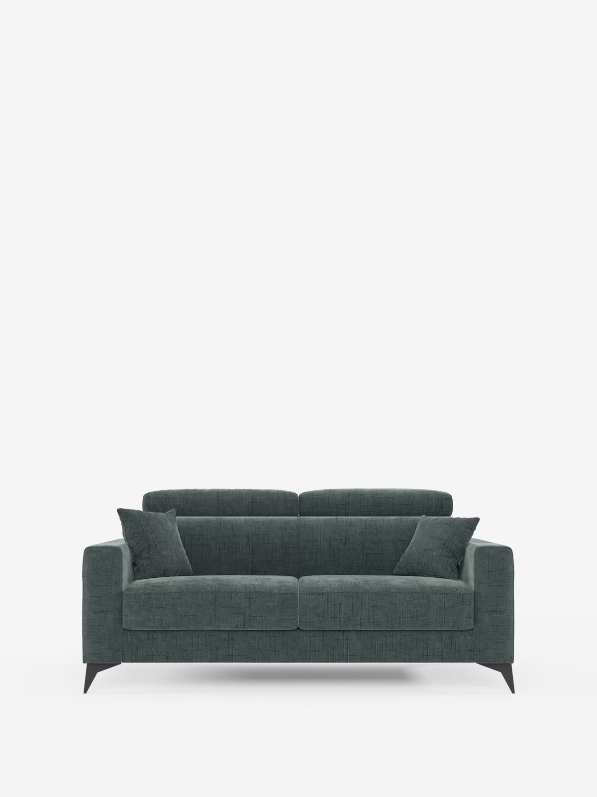 Il divano letto matrimoniale Pegaso di Divani.Store presenta un design moderno in tessuto jacquard smacchiabile verde scuro (T22), con due cuscini di seduta, due cuscini dello schienale e cuscini decorativi abbinati. Poggia su gambe nere inclinate e include poggiatesta regolabili, il tutto su uno sfondo bianco a tinta unita.