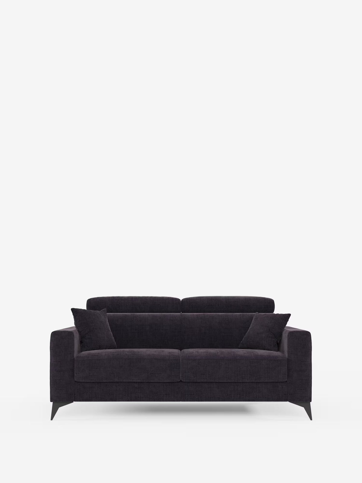 Un divano letto matrimoniale Pegaso in stile contemporaneo di Divani.Store, rivestito in tessuto jacquard T22 grigio scuro resistente alle macchie, è dotato di due cuscini di seduta, due schienali con poggiatesta reclinabili, due cuscini decorativi abbinati e gambe angolate, il tutto su uno sfondo bianco a tinta unita.