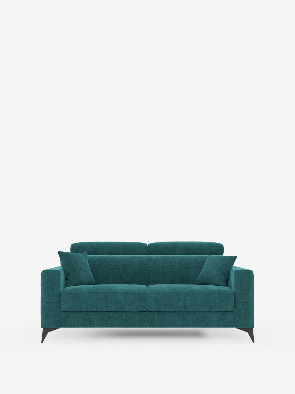 Un moderno divano letto matrimoniale Pegaso color verde acqua di Divani.Store, realizzato in morbido tessuto jacquard antimacchia (T22), con due cuscini di seduta, cuscini decorativi abbinati, poggiatesta regolabili e gambe affusolate nere. Lo sfondo bianco a tinta unita ne esalta il design essenziale e l'eleganza contemporanea.
