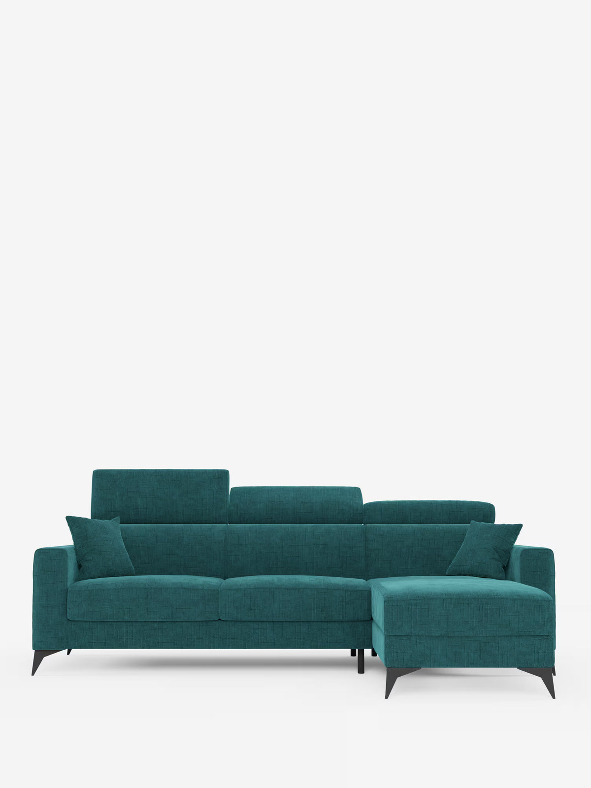 Il divano letto angolare Pegaso di Divani.Store è un moderno divano componibile color verde acqua, rivestito in tessuto jacquard T22 antimacchia, con gambe nere, due braccioli, tre sezioni dello schienale con poggiatesta regolabili e una chaise longue sul lato destro dotata di un pratico vano portaoggetti. Due cuscini coordinati color verde acqua sono disposti alle due estremità del divano, su uno sfondo bianco a tinta unita.