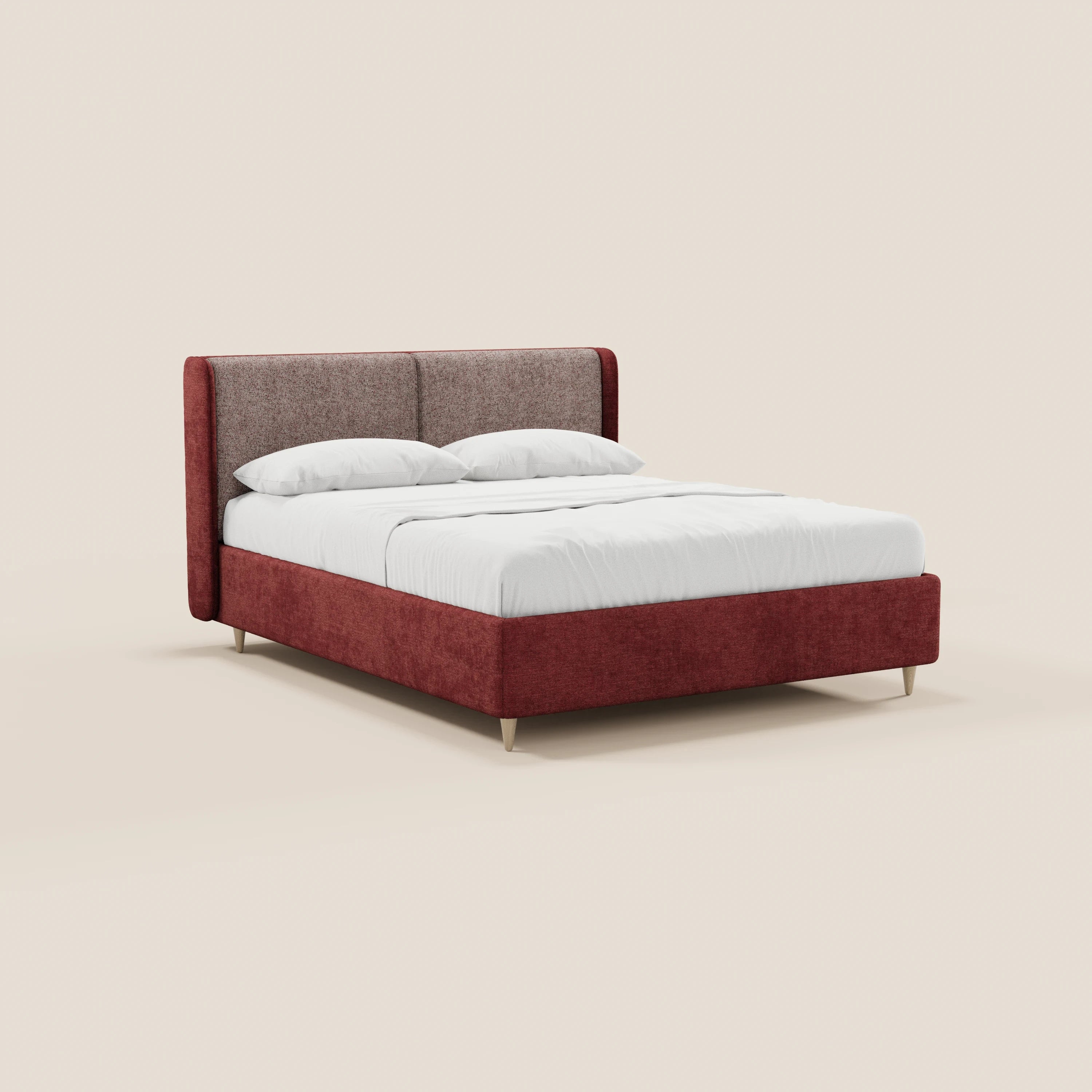 Il letto imbottito bicolore VALKIRIA di Letti.store è caratterizzato da una testiera curva avvolgente con morbidi cuscini schienali e da una base contenitiva. Elegantemente rivestito nei toni del rosso e del bordeaux, incarna il raffinato design italiano.