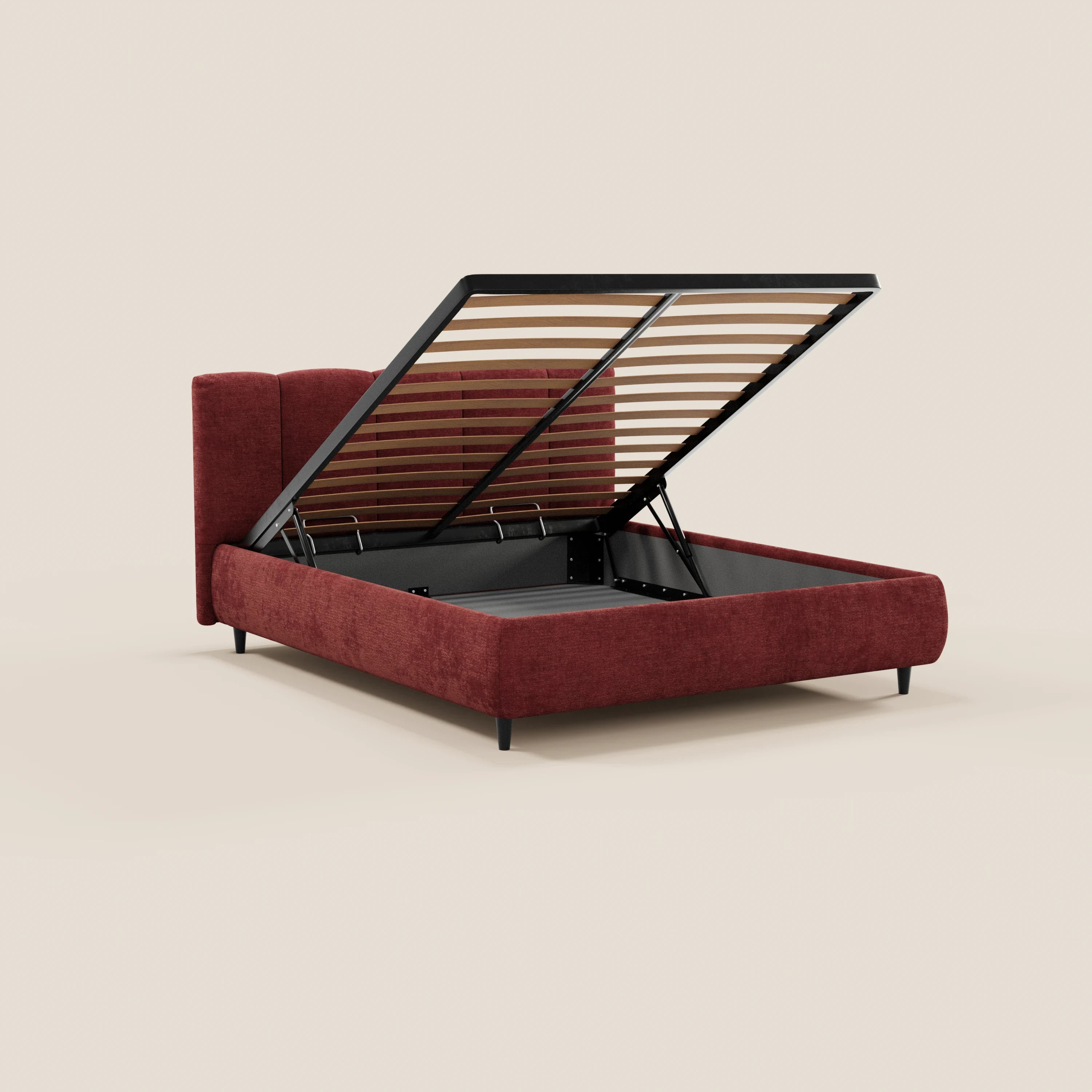 Il letto imbottito ARKAM di Letti.store, realizzato in tessuto certificato Oeko-Tex®, è dotato di vano contenitore, testiera con lavorazione verticale e design shabby chic con gambe nere sottili, perfetto per ambienti moderni su sfondi neutri.