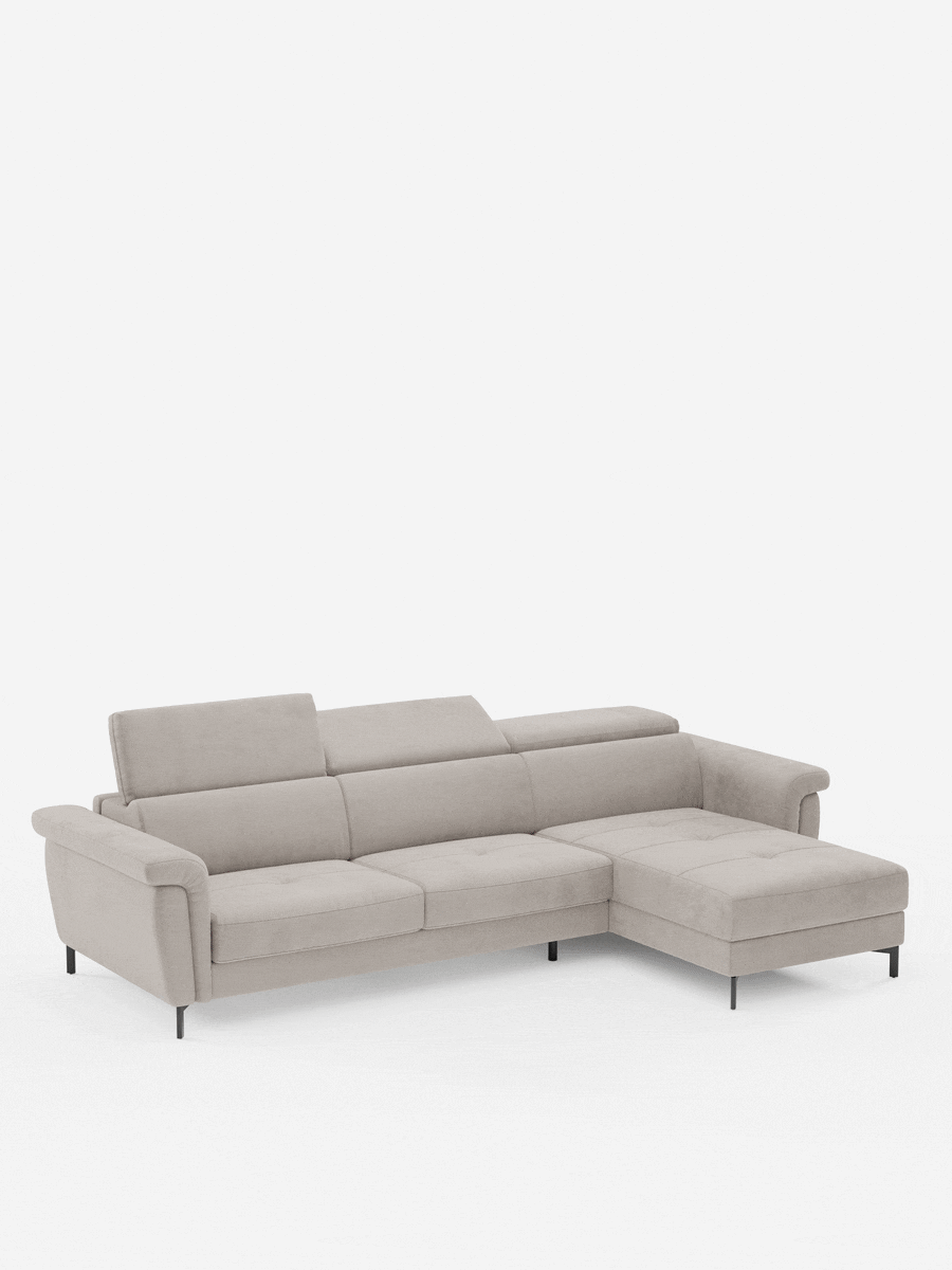 Capri Divano letto angolare con penisola contenitore e poggiatesta reclinabili - elegante tessuto smacchiabile T30