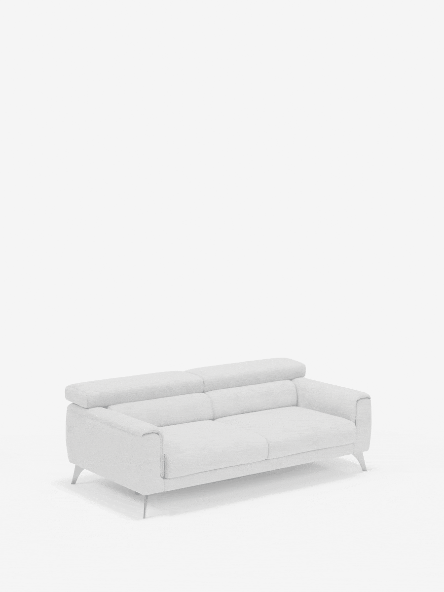 Su uno sfondo bianco a tinta unita, il divano Caravaggio a 2 e 3 posti di Divani.Store è presentato in un elegante tessuto T31 grigio chiaro resistente alle macchie. Questo divano moderno è caratterizzato da braccioli sottili, gambe in metallo, uno schienale basso con poggiatesta reclinabili e cuscini di seduta estensibili. Il suo design minimalista e contemporaneo lo rende ideale per qualsiasi soggiorno contemporaneo. Non sono presenti accessori o decorazioni.