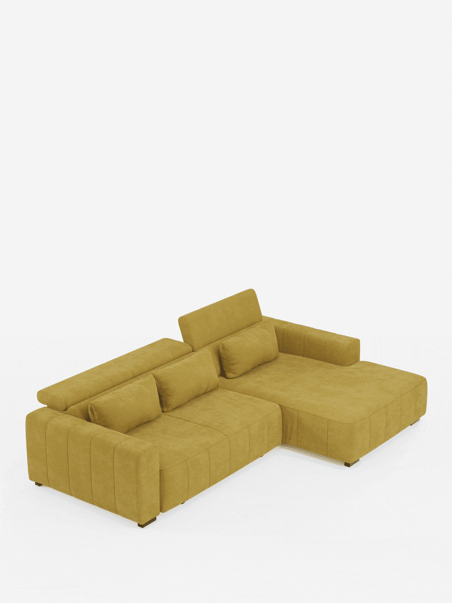 Un divano angolare Doric di colore giallo senape con penisola e sedute allungabili con funzione relax elettrica di Divani.Store: questo divano componibile a forma di L è dotato di poggiatesta regolabili e reclinabili, di un morbido rivestimento T23 resistente alle macchie e di un’ampia chaise longue a destra. Il design moderno e slanciato è accentuato da piccole gambe cilindriche e da un allestimento minimalista su sfondo bianco, che esalta il fascino contemporaneo di questo divano moderno.