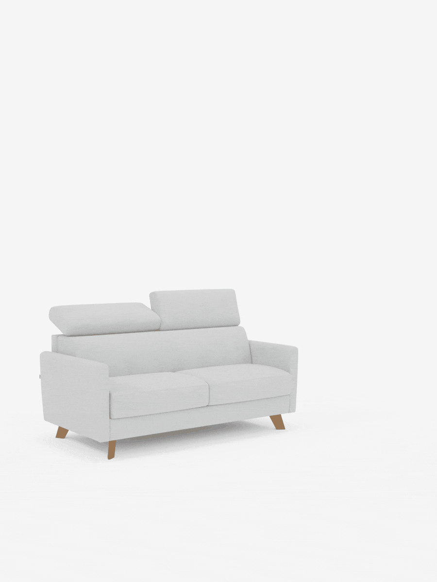 Un divano letto Francy moderno, di colore grigio chiaro, con poggiatesta regolabili, firmato Divani.Store, con rivestimento sfoderabile al 100% e rifinito con l'elegante tessuto T30 resistente alle macchie, con gambe in legno, è posizionato su uno sfondo bianco a tinta unita. Il divano è dotato di due cuscini di seduta, due cuscini di schienale e poggiatesta regolabili su entrambi i lati.