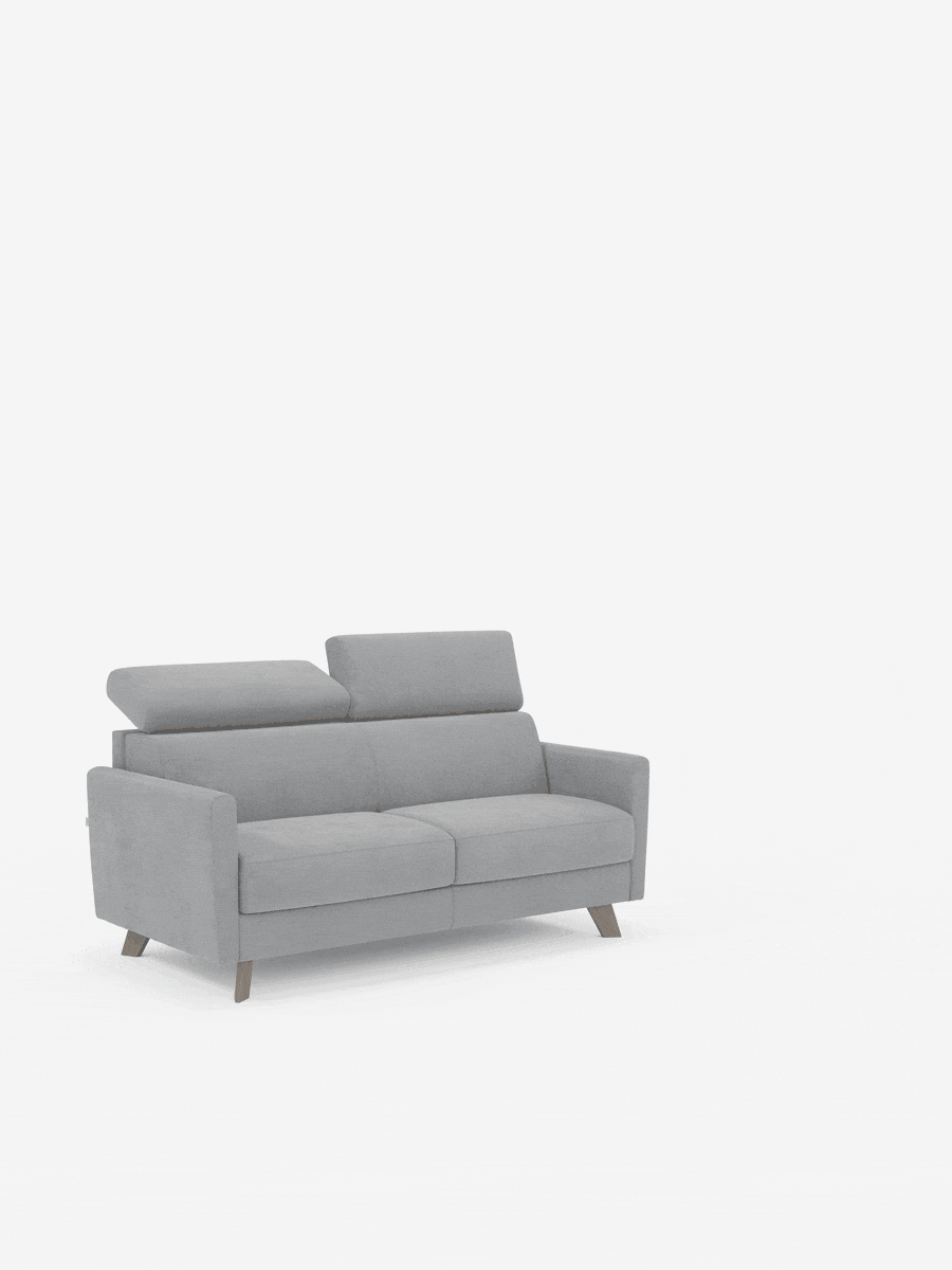 Divano letto Francy grigio chiaro con poggiatesta regolabili di Divani.Store, dotato di due cuscini di seduta, gambe in legno e due poggiatesta regolabili. Rivestito con l'elegante tessuto T30 resistente alle macchie e con fodere completamente sfoderabili. Il divano è posizionato al centro su uno sfondo bianco a tinta unita, che ne esalta le linee pulite e il design minimalista. Non sono visibili altri oggetti.