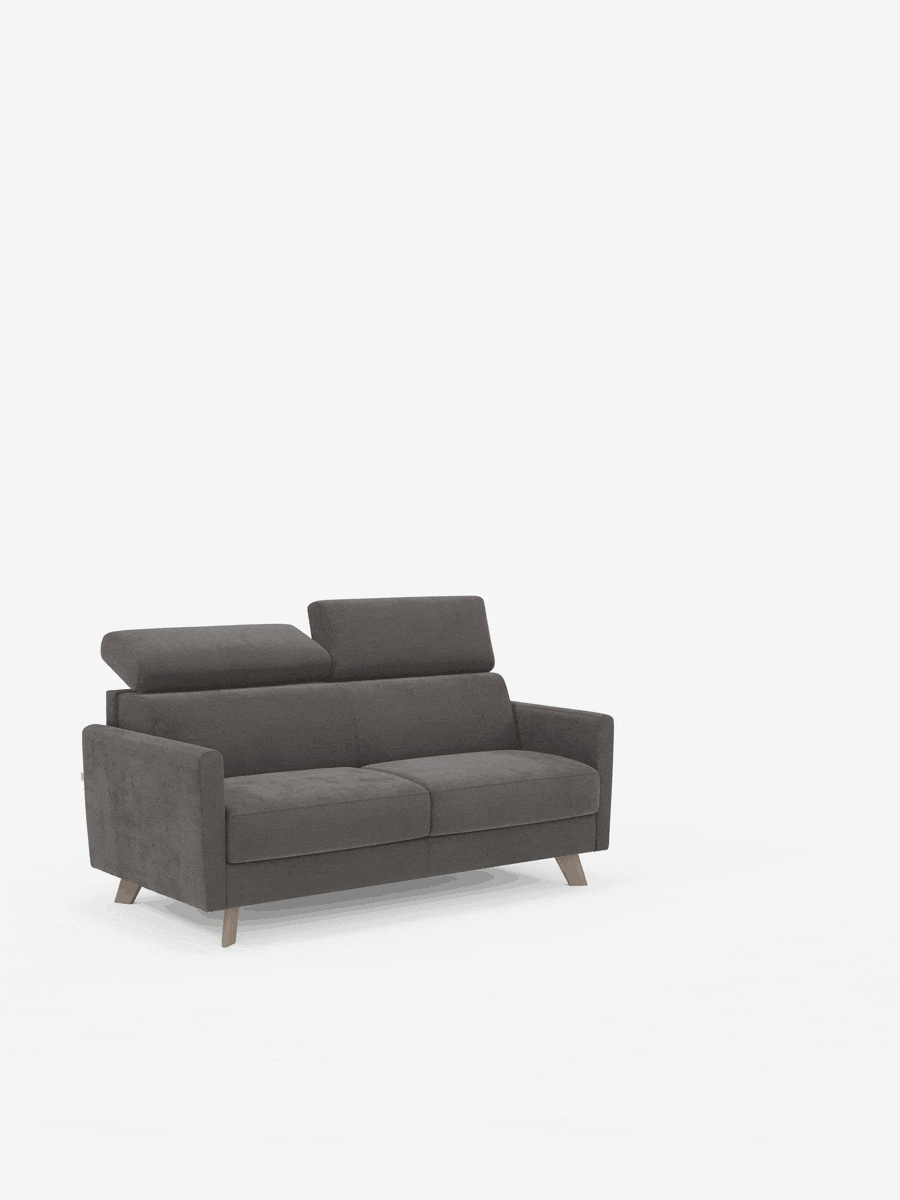 Un moderno divano letto Francy di colore grigio scuro con poggiatesta regolabili di Divani.Store spicca su uno sfondo bianco. Rivestito con l'elegante tessuto T30 resistente alle macchie e dotato di gambe angolate in legno, questo divano offre due cuscini di seduta e poggiatesta regolabili — uno rialzato e uno abbassato — per un look elegante e minimalista. I rivestimenti completamente sfoderabili aggiungono praticità e comfort al suo stile moderno, rendendolo ideale per qualsiasi ambiente contemporaneo.