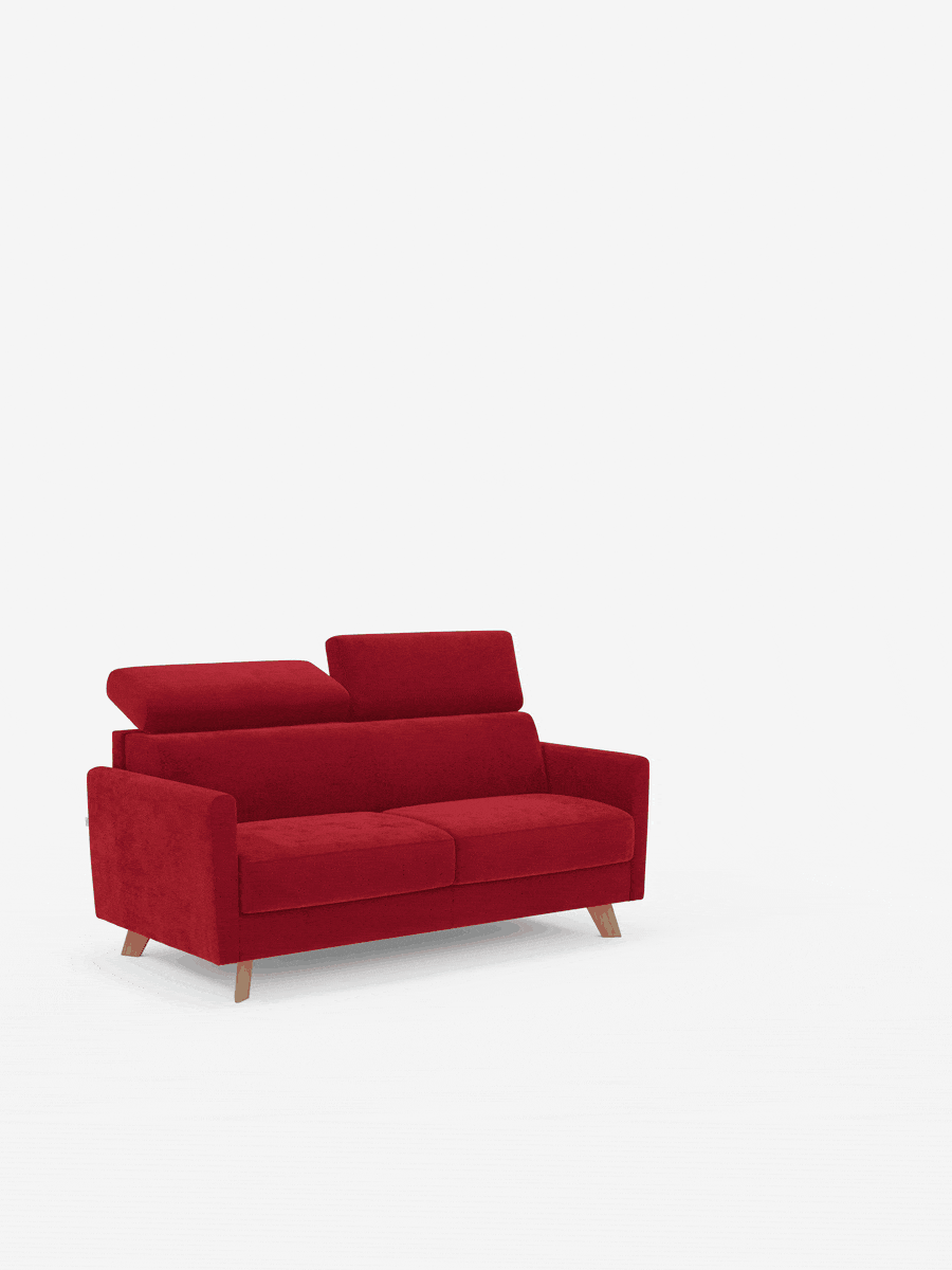 Un divano letto Francy in stile contemporaneo con poggiatesta regolabili di Divani.Store, rivestito in un elegante tessuto T30, rimovibile al 100% e resistente alle macchie, è posizionato al centro su uno sfondo bianco a tinta unita; il suo design minimalista e le gambe in legno creano un elegante contrasto.