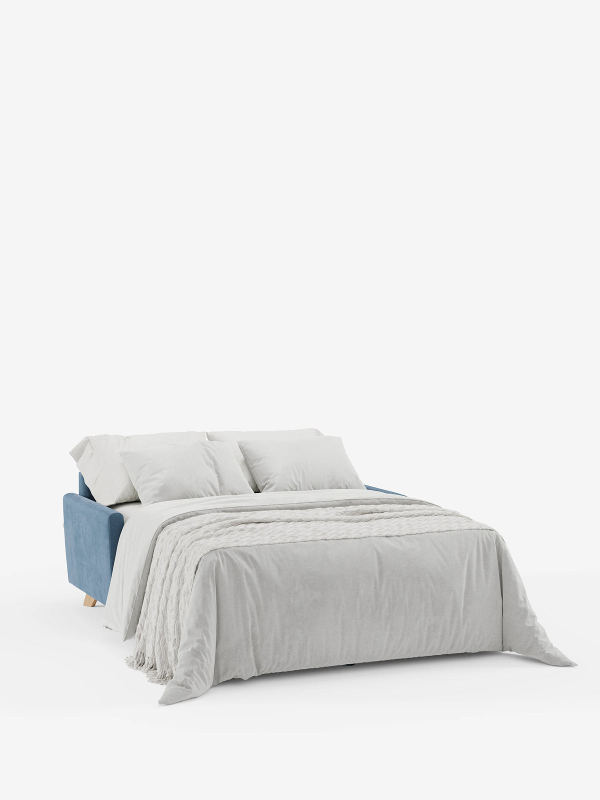 Il divano letto Francy con poggiatesta regolabili di Divani.Store, rivestito in elegante tessuto T30 resistente alle macchie e dotato di fodere completamente sfoderabili, è qui raffigurato aperto in versione letto. È abbinato a un piumone grigio chiaro, cuscini coordinati e un morbido copriletto, il tutto su uno sfondo bianco a tinta unita che esalta l’aspetto pulito e accogliente del letto.