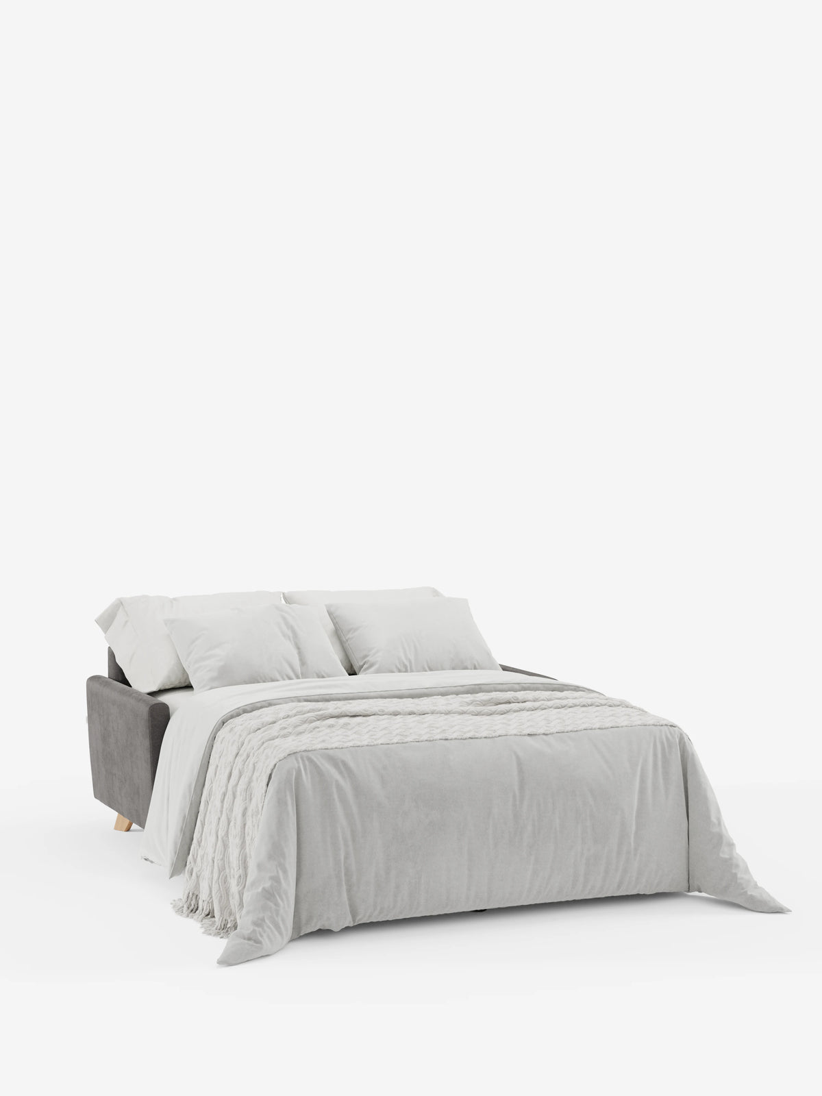 Il divano letto Francy con poggiatesta regolabili di Divani.Store, rivestito in elegante tessuto T30 resistente alle macchie e dotato di fodere grigie completamente sfoderabili, si trasforma in un letto. È abbinato a un piumone grigio chiaro, cuscini coordinati e una coperta testurizzata. Su uno sfondo bianco a tinta unita, l’immagine mette in risalto il design pulito e moderno di questo versatile complemento d’arredo.