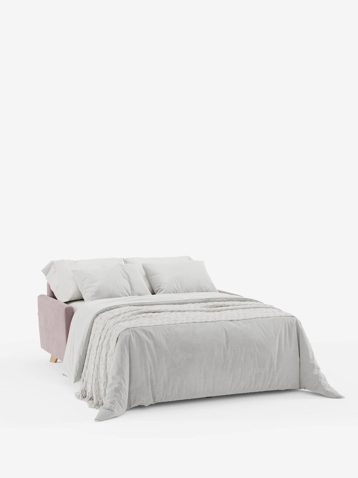 Un divano letto Francy con poggiatesta regolabili di Divani.Store, sfoderabile al 100% e rivestito in elegante tessuto T30 resistente alle macchie, è posizionato su uno sfondo bianco a tinta unita. La struttura del letto in rosa pallido conferisce un’aria di raffinato comfort, con un piumone ben sistemato e due cuscini che completano il look. Una coperta con trama in rilievo ricopre il copriletto, aggiungendo un ulteriore tocco di raffinata intimità.