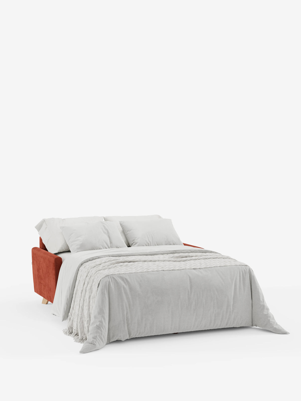 Il divano letto Francy con poggiatesta regolabili di Divani.Store è presentato aperto in configurazione letto, con una struttura imbottita di colore rosso-marrone rivestita in elegante tessuto T30 resistente alle macchie. La composizione comprende biancheria da letto grigio chiaro, due cuscini e una coperta testurizzata, il tutto disposto su uno sfondo bianco a tinta unita.