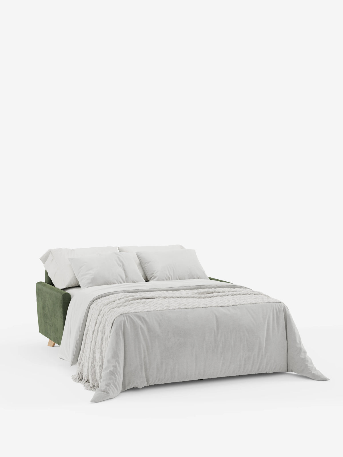Un divano letto Francy con poggiatesta regolabili di Divani.Store, rivestito in un elegante tessuto verde T30 resistente alle macchie e dotato di fodere completamente sfoderabili, è raffigurato aperto in posizione distesa. È coperto da un piumone grigio chiaro e da un plaid, con quattro cuscini bianchi disposti ordinatamente nella zona della testata. Il mobile risalta su uno sfondo bianco a tinta unita.