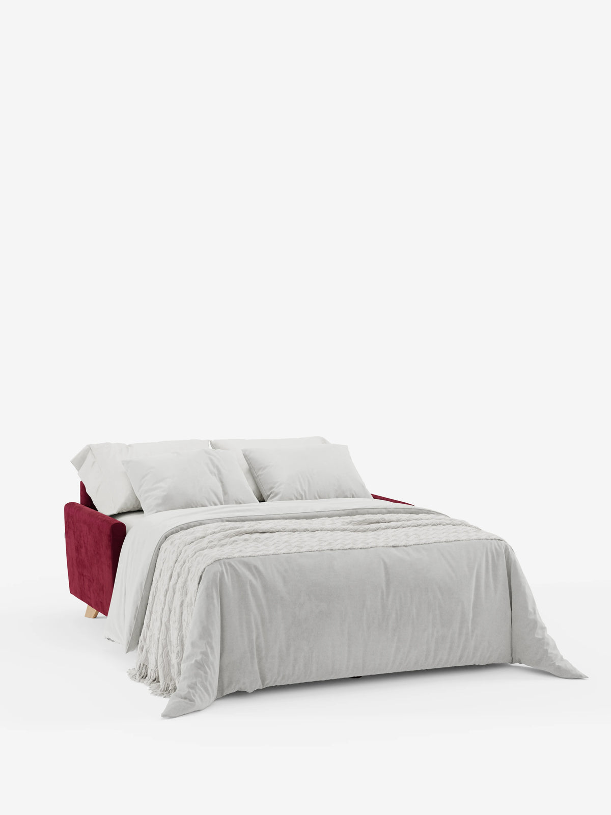 Il divano letto Francy con poggiatesta regolabili di Divani.Store, qui raffigurato in rosso, è aperto in modalità letto e abbellito da lenzuola bianche immacolate, una coperta grigio chiaro dalla trama rigata e due cuscini bianchi, il tutto su uno sfondo bianco a tinta unita.
