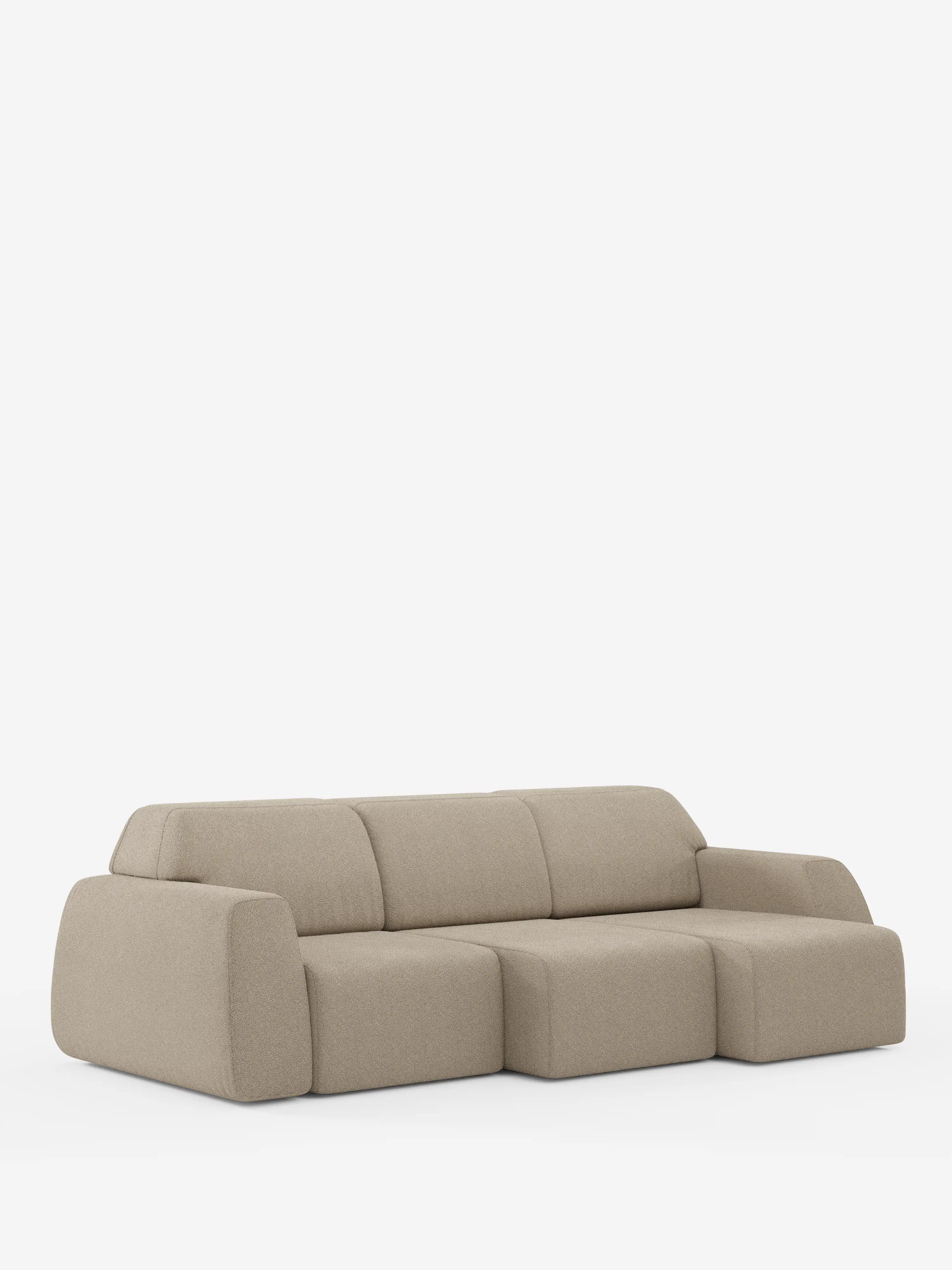 Vi presentiamo il divano Orbit con 3 sedute scorrevoli e allungabili di Divani.Store, un divano modulare contemporaneo in beige chiaro con chaise longue integrata sul lato destro. Questo spazioso divano a 4 posti presenta morbidi cuscini arrotondati, uno schienale basso ed è rivestito in tessuto smacchiabile T33 effetto cotone, completamente sfoderabile per una pulizia senza sforzo, il tutto su uno sfondo bianco a tinta unita.