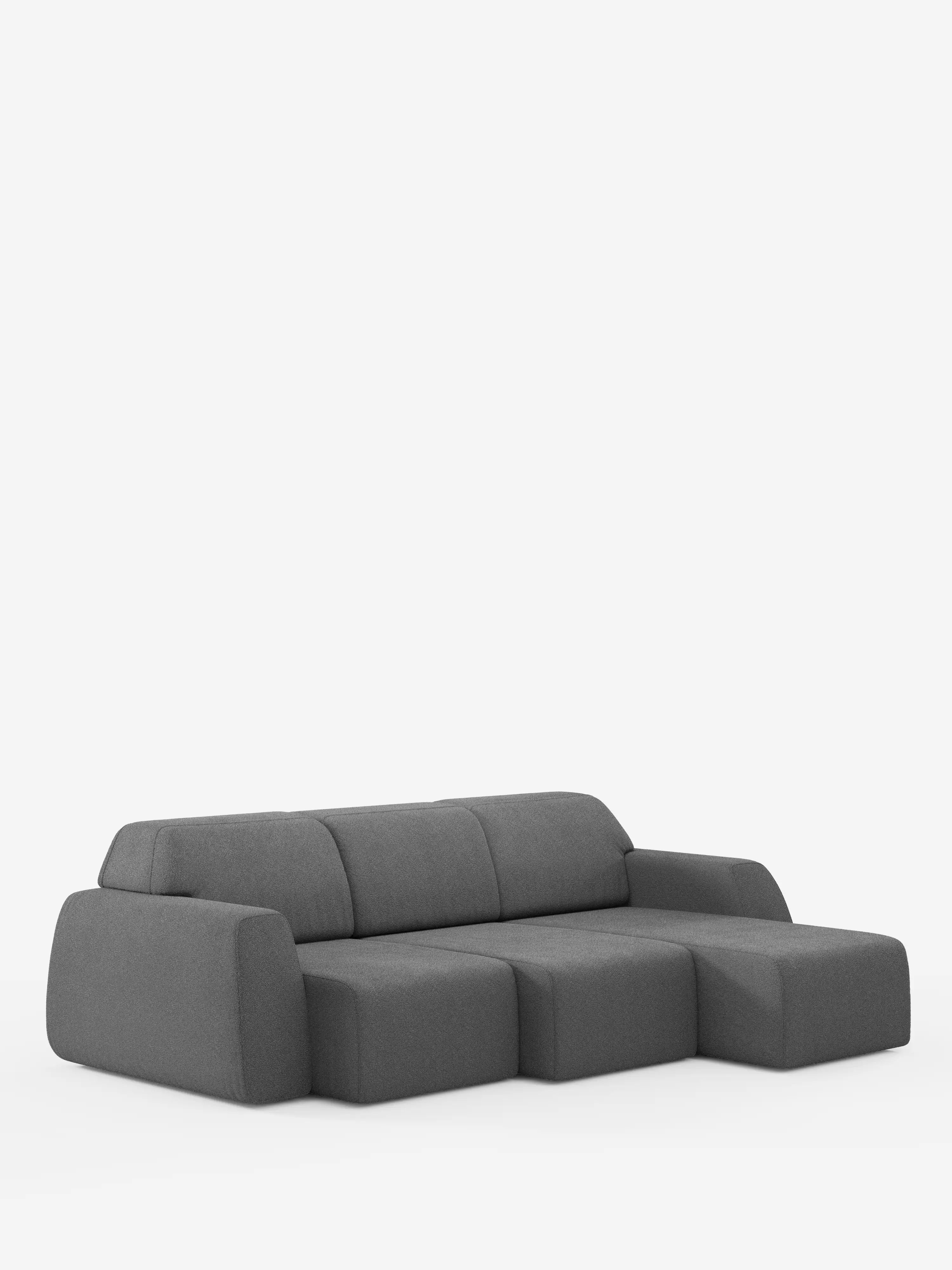 Un divano angolare Orbit contemporaneo in grigio scuro di Divani.Store, caratterizzato da uno schienale basso, ampi braccioli e tre spaziosi cuscini di seduta in tessuto smacchiabile effetto cotone T33 su fondo bianco. Il lato destro presenta una sezione chaise longue allungata, che offre la versatilità di una penisola reversibile con tutti i cuscini di seduta estensibili per un maggiore comfort e stile.