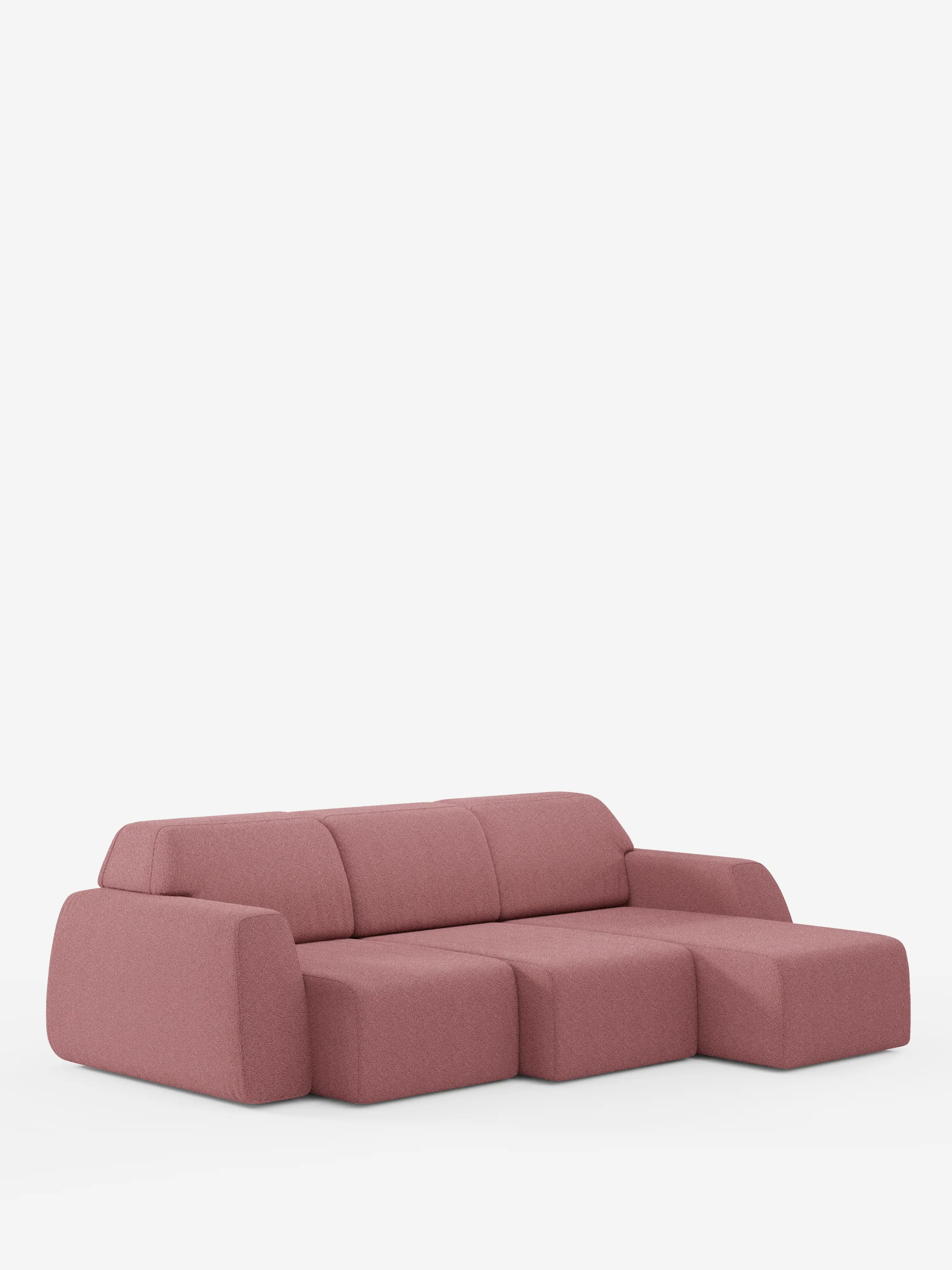 Vi presentiamo Orbit, divano angolare con penisola reversibile e tutte le sedute allungabili in tessuto smacchiabile effetto cotone T33 di Divani.Store: un divano modulare moderno di colore rosa con tre sezioni di seduta e una chaise longue annessa sulla destra, tutte caratterizzate da bordi lisci e arrotondati su uno sfondo bianco a tinta unita: un eccellente esempio di divano di alta gamma progettato per spazi abitativi contemporanei e versatili.