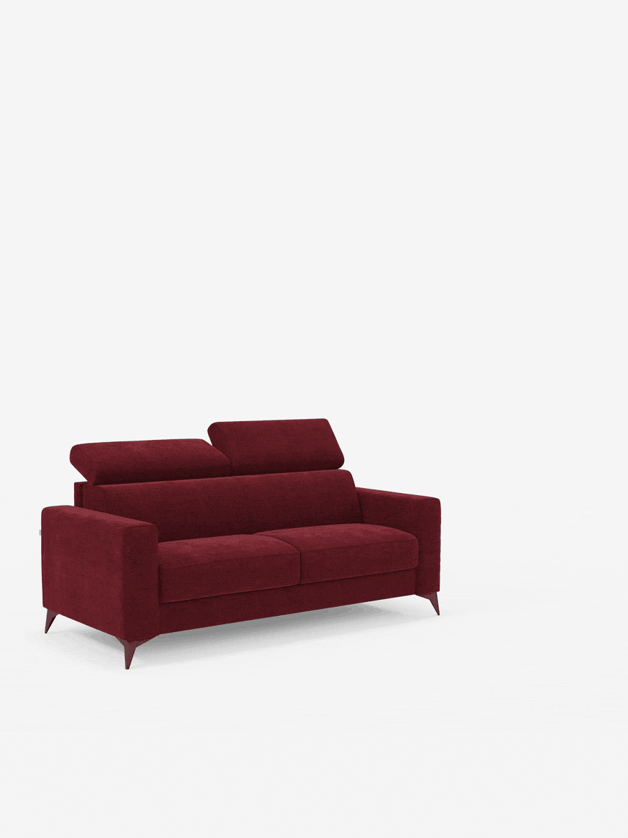 Un divano letto matrimoniale Pegaso dal design elegante e contemporaneo di Divani.Store, rivestito in tessuto jacquard T22 color bordeaux resistente alle macchie, è dotato di poggiatesta regolabili, due cuscini di seduta, braccioli squadrati e gambe affusolate. È posizionato al centro di uno sfondo bianco a tinta unita, che ne esalta le linee moderne e pulite.
