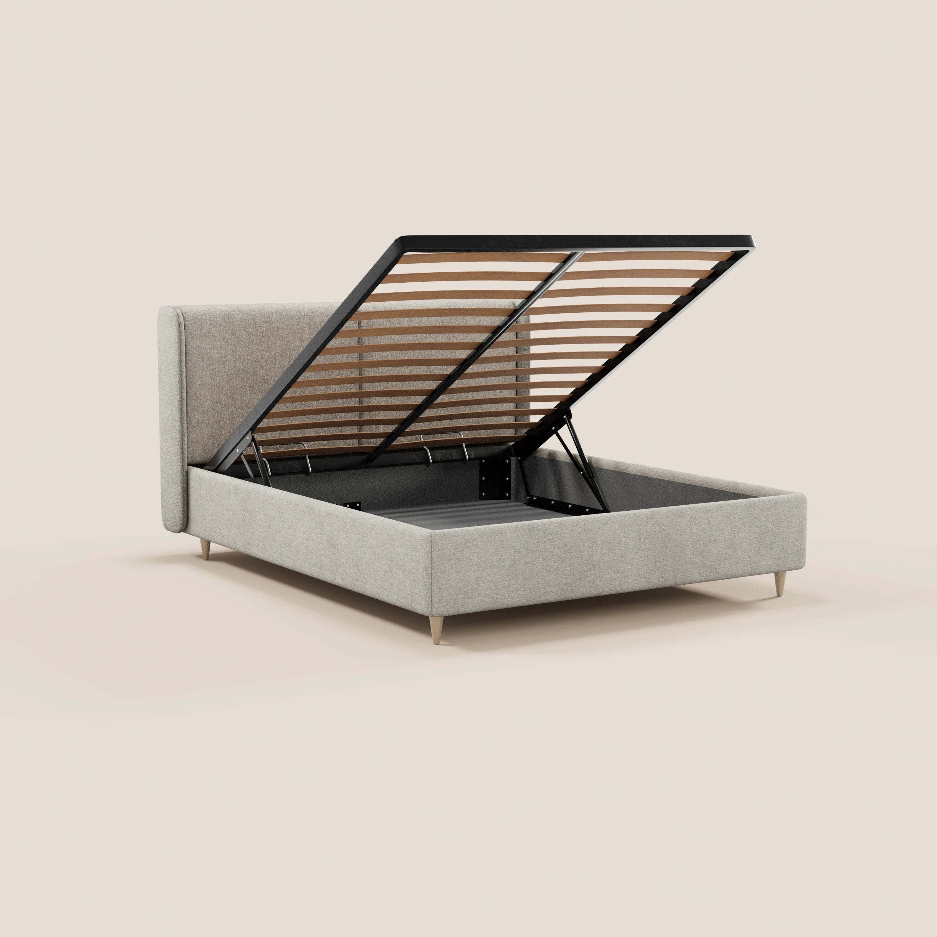 Il letto imbottito bicolore VALKIRIA di Letti.store presenta una testiera imbottita dalla linea sinuosa, cuscini per lo schienale e una base a doghe sollevabile che rivela un ampio vano contenitore, esaltando l’eleganza italiana grazie al moderno tessuto grigio chiaro.