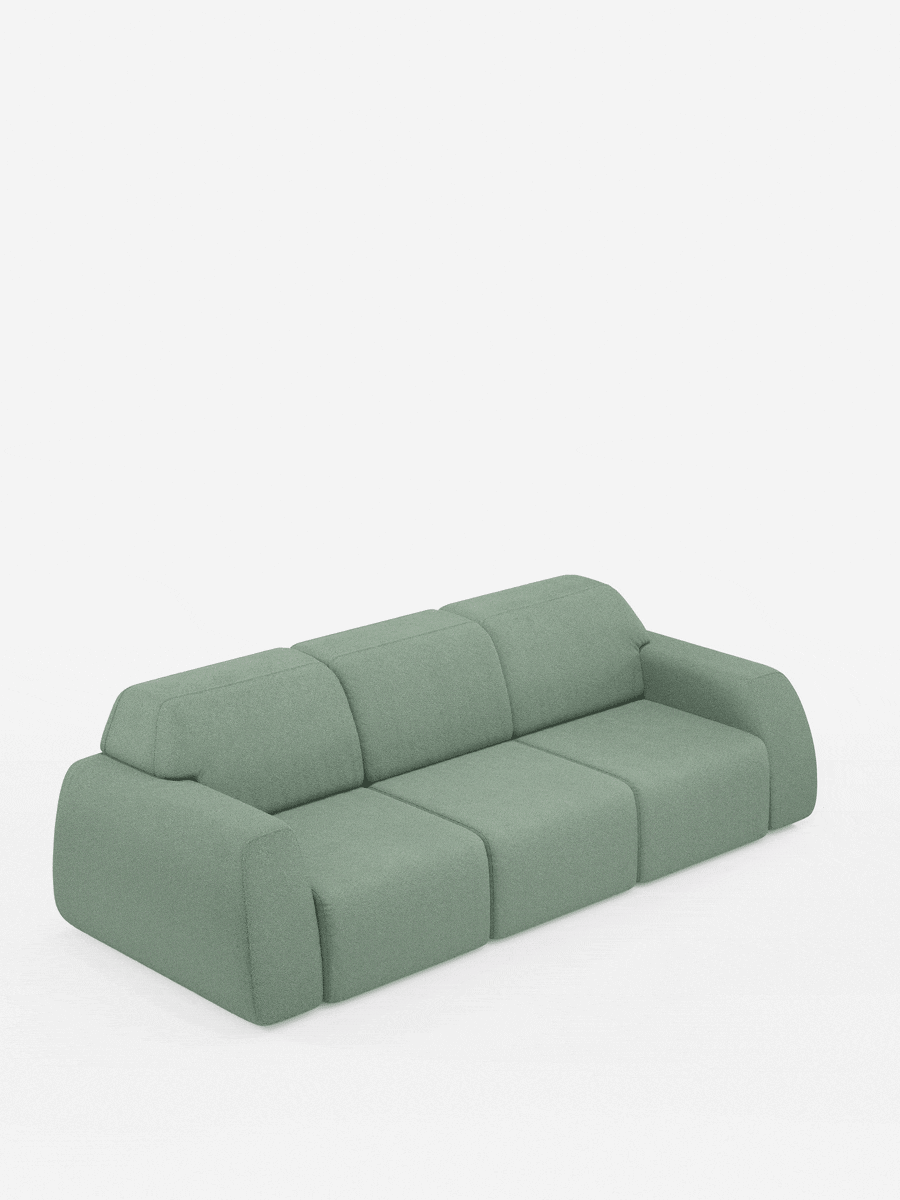 Su uno sfondo bianco spicca il divano Orbit con 3 sedute scorrevoli e allungabili in tessuto effetto cotone smacchiabile T33 di Divani.Store, un moderno divano verde chiaro con tre sedute scorrevoli e allungabili. Caratterizzato da ampi braccioli, bordi arrotondati e morbidi e uno schienale basso, questo divano vanta un design modulare dall’estetica contemporanea e minimalista. Il suo tessuto sfoderabile non solo conferisce un tocco di stile, ma garantisce anche praticità e facilità di pulizia.