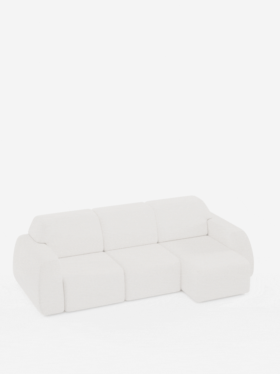 Il divano angolare Orbit con penisola reversibile e tutte le sedute allungabili in tessuto smacchiabile effetto cotone T33 di Divani.Il modello è disponibile in quattro configurazioni: standard, con chaise a L (penisola reversibile) a destra, con chaise a sinistra e come tre elementi separati. Questo divano di alta gamma presenta braccioli arrotondati e un design minimalista e moderno su sfondo bianco.
