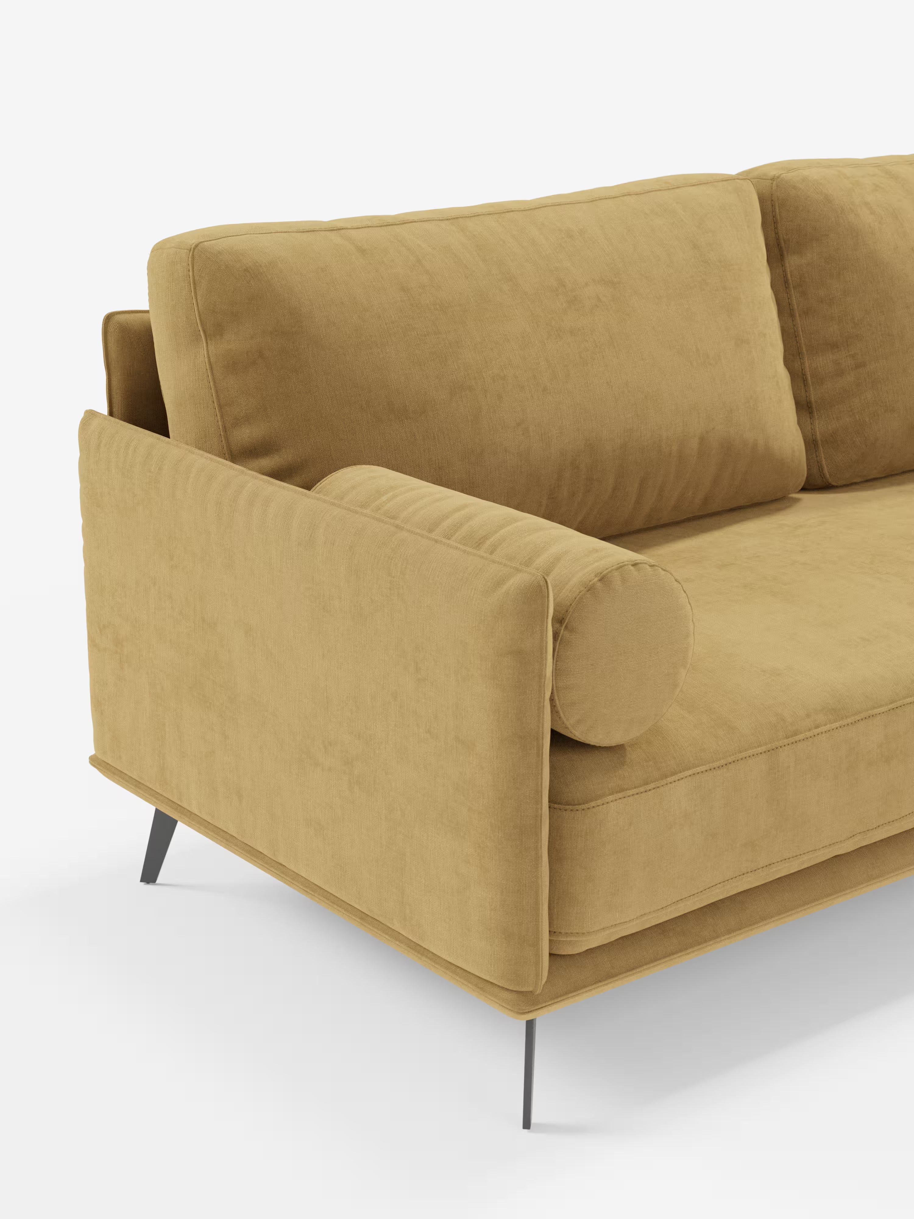 Il divano moderno angolare con penisola “Basalto” di Divani.Store è un divano dal design moderno caratterizzato da un accattivante tessuto T31 di colore giallo senape, morbido e vellutato, da morbidi cuscini in piuma e da un caratteristico cuscino cilindrico. La sua base sottile in metallo e le linee geometriche pulite creano un look decisamente contemporaneo. Realizzato con maestria in Italia, questo elegante complemento d’arredo risalta su uno sfondo bianco a tinta unita.
