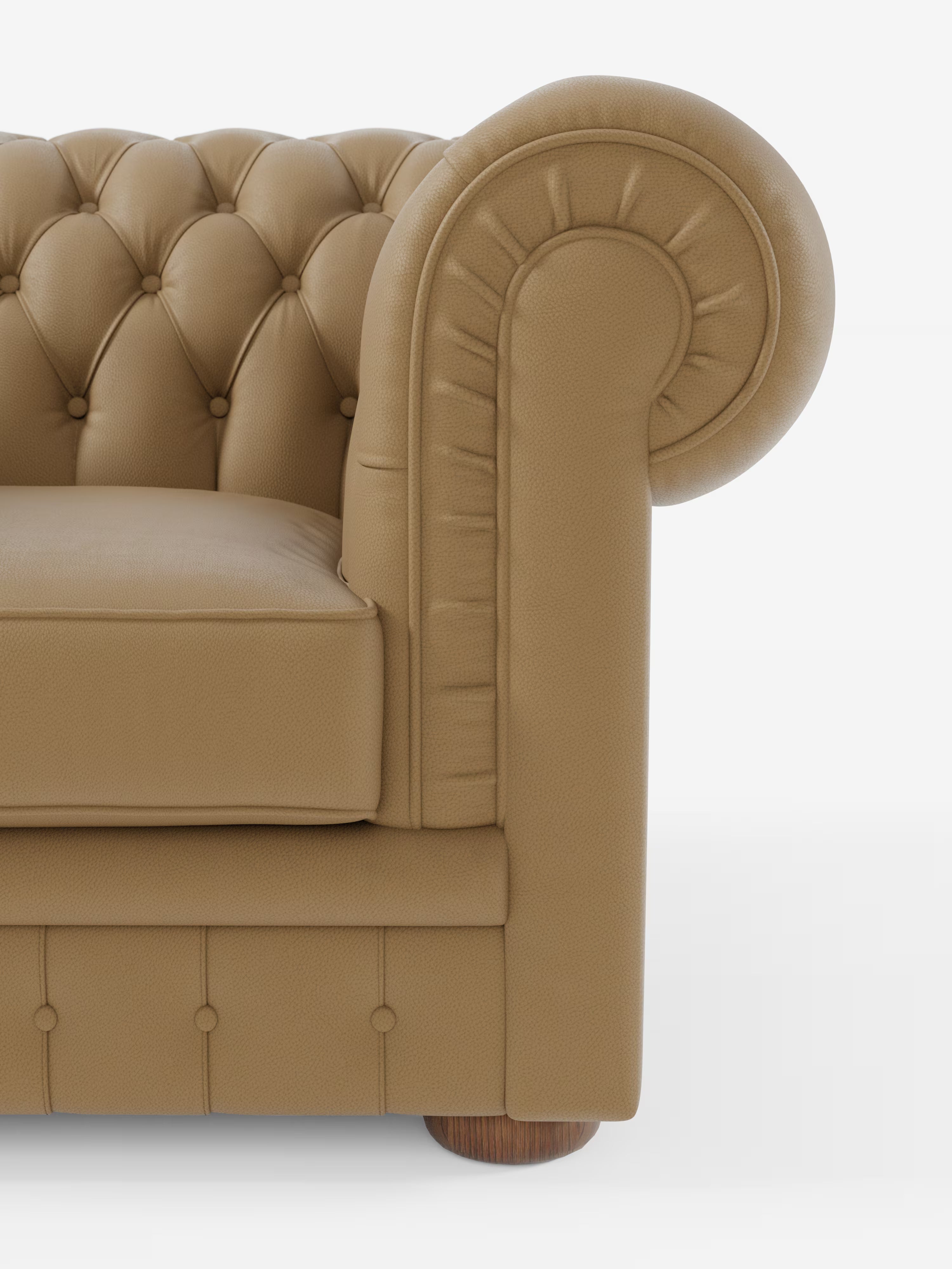Primo piano della poltrona Chester in vera pelle spessorata con capitonné artigianale di Divani.Store, che mette in risalto il rivestimento in pelle color cuoio, lo schienale con capitonné artigianale, il cuscino di seduta liscio, il bracciolo destro di pregiata fattura e la gamba in legno, il tutto su uno sfondo bianco a tinta unita.