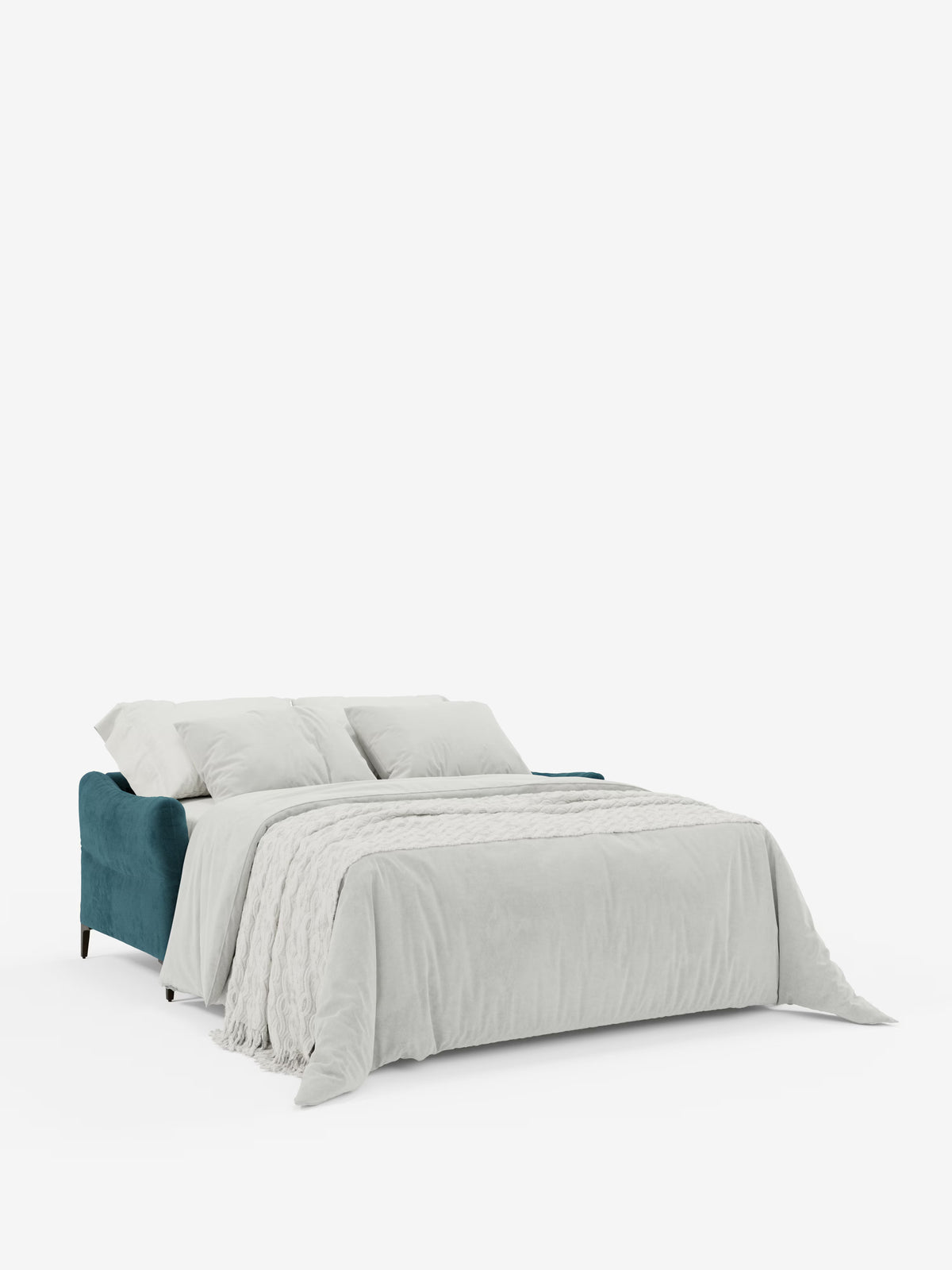 Un divano letto Dalia a 2, 3 e 4 posti di Divani, dalla fattura curata.Il modello Store, rivestito in moderno tessuto vellutino T30 resistente alle macchie nei toni del verde acqua e dotato di una testiera bassa, è allestito con biancheria da letto candida, tre cuscini bianchi e un plaid testurizzato, il tutto su uno sfondo bianco a tinta unita per un comfort pari a quello offerto dal materasso di sostegno H18 (18 cm) incluso.