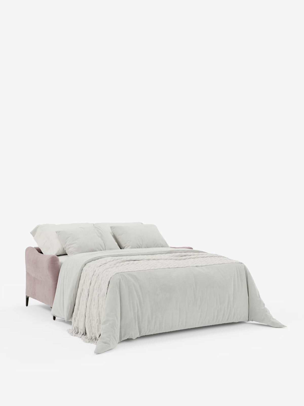 Caratterizzato dal divano letto Dalia a 2, 3 e 4 posti con materasso H18, realizzato in moderno tessuto vellutato antimacchia T30 di Divani.Store, questo letto contemporaneo presenta una struttura rivestita in tessuto effetto velluto rosa pallido. È abbinato a biancheria da letto grigio chiaro, due cuscini e una coperta piegata con cura ai piedi del letto. Sostenuto da gambe nere e incorniciato da uno sfondo bianco pulito, il suo design lineare richiama l’eleganza di un moderno divano letto matrimoniale