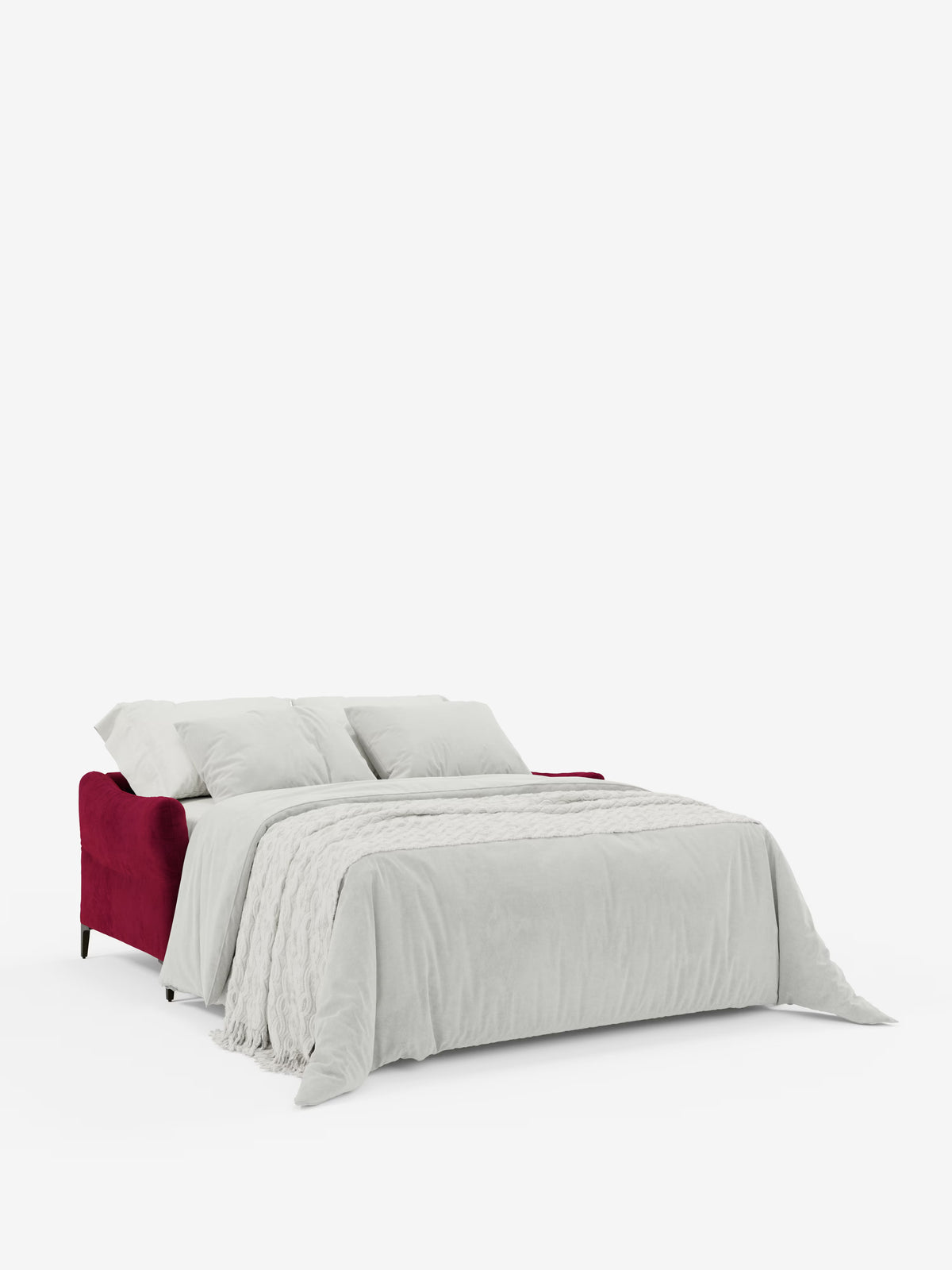 Il divano letto Dalia rosso a 2, 3 e 4 posti con materasso H18, realizzato in moderno tessuto vellutino antimacchia T30 di Divani.Store, si trasforma completamente in un letto, completo di piumone grigio chiaro e due cuscini. La morbida biancheria da letto si abbina perfettamente all’elegante divano, che poggia su corte gambe nere, il tutto su uno sfondo bianco a tinta unita che ne esalta l’estetica.