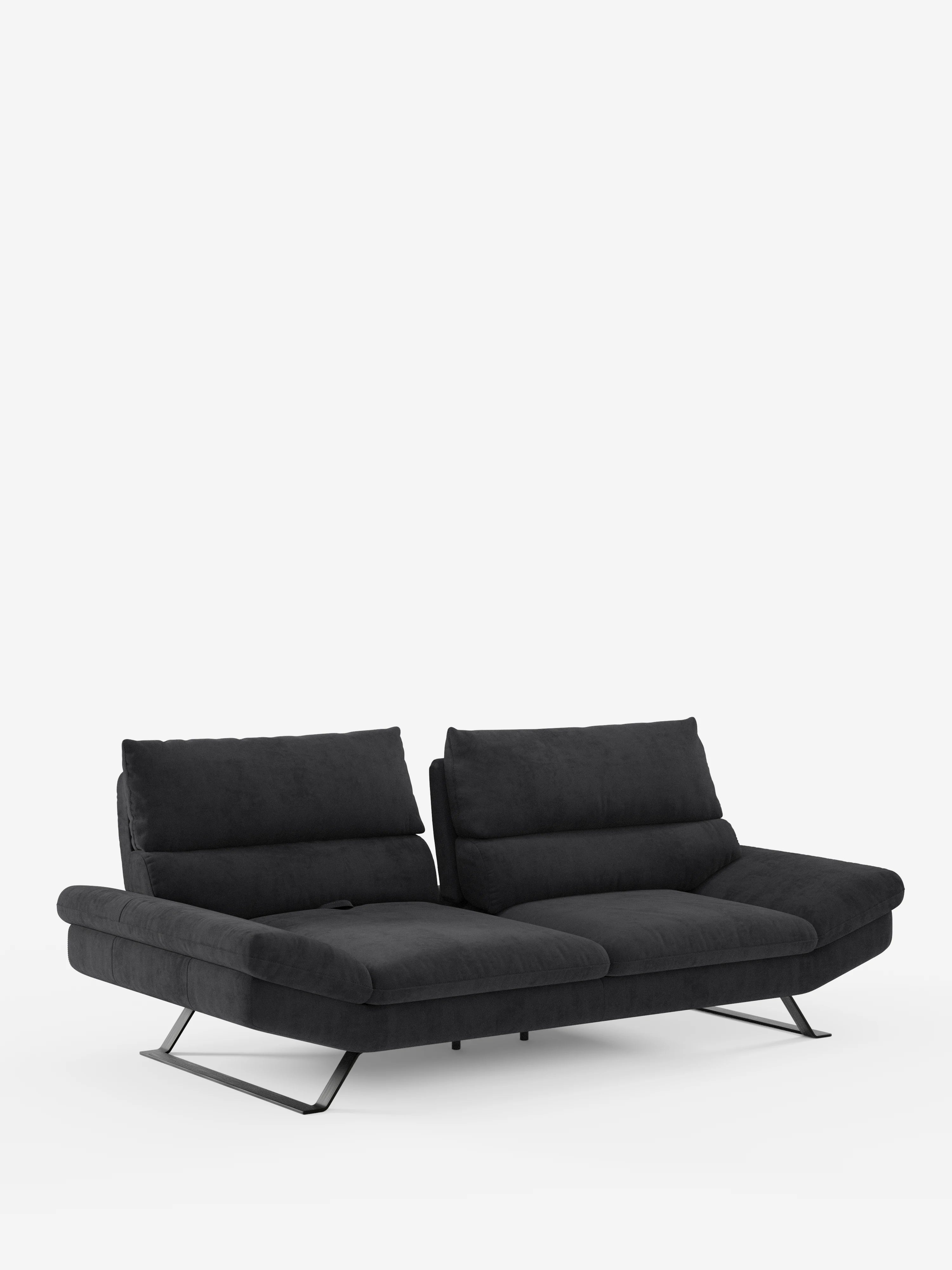 Un moderno divano Eclipse nero a 2 posti dal design contemporaneo di Divani.Store, caratterizzato da due ampie sedute imbottite, gambe in metallo inclinate (piedini alti) e schienali traslanti regolabili per un comfort personalizzabile, rivestito in elegante microfibra T11 resistente alle macchie e presentato su uno sfondo bianco a tinta unita.